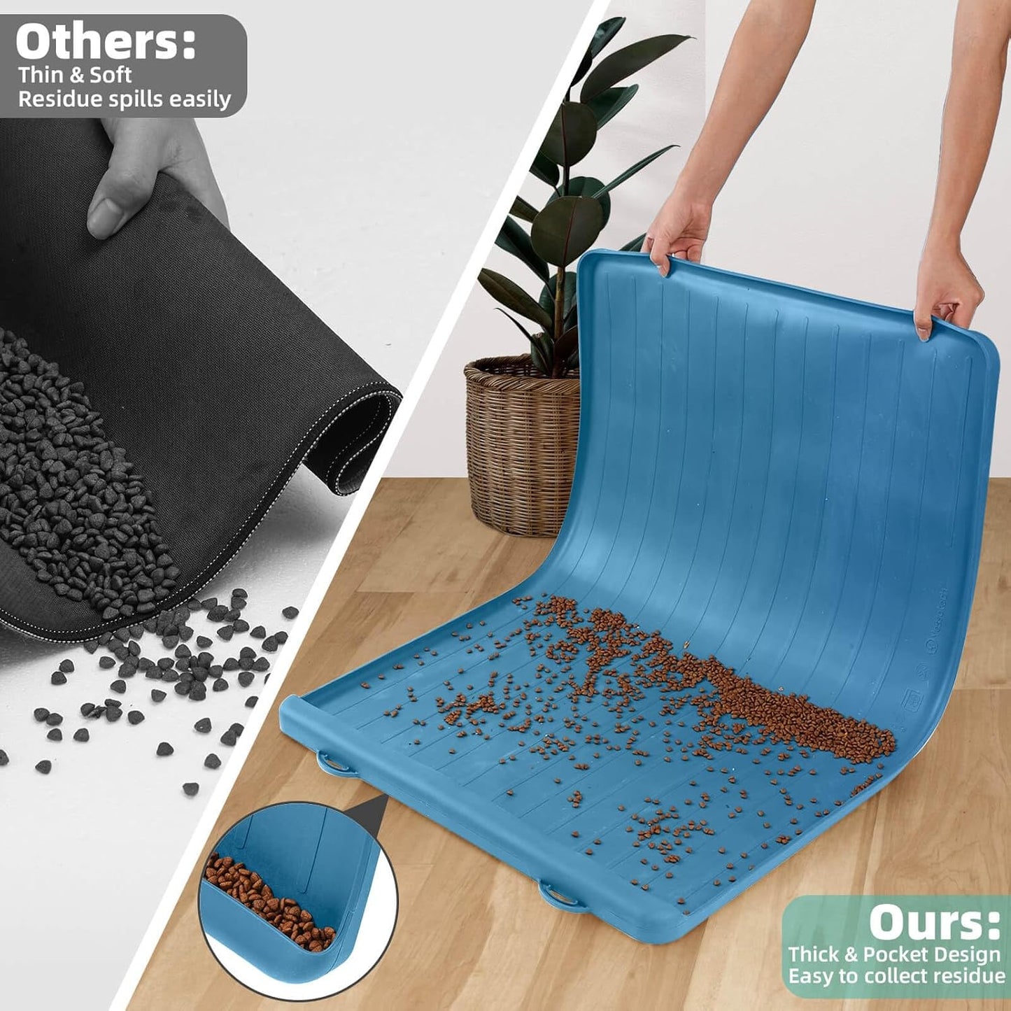 Dog Mat for Food and Water - 39.4" x 27" Large Pet Feeding Mats with Residue Collection Pocket - Waterproof Dog Cat Bowl Mat with High Edges to Prevent Water and Food Spills (Navy)