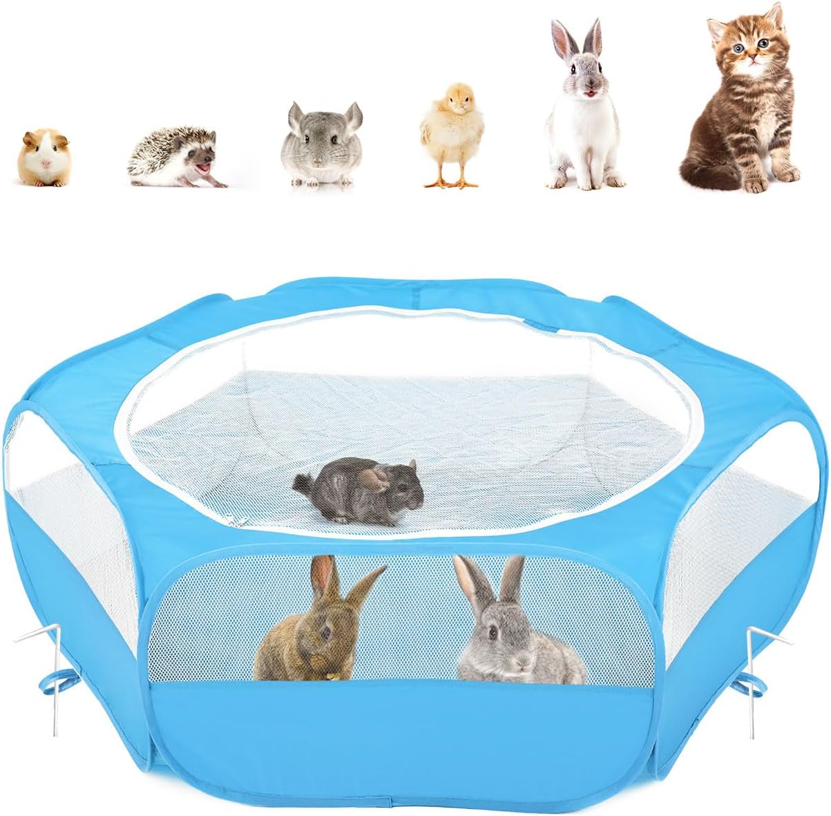 Pawaboo Small Animals Playpen, Waterproof Small Pet Cage Tent with Zippered Cover, Portable Outdoor Yard Fence with 3 Metal Rod for Chick/Kitten/Puppy/Guinea Pig/Rabbits/Hamster/Chinchillas,Light Blue