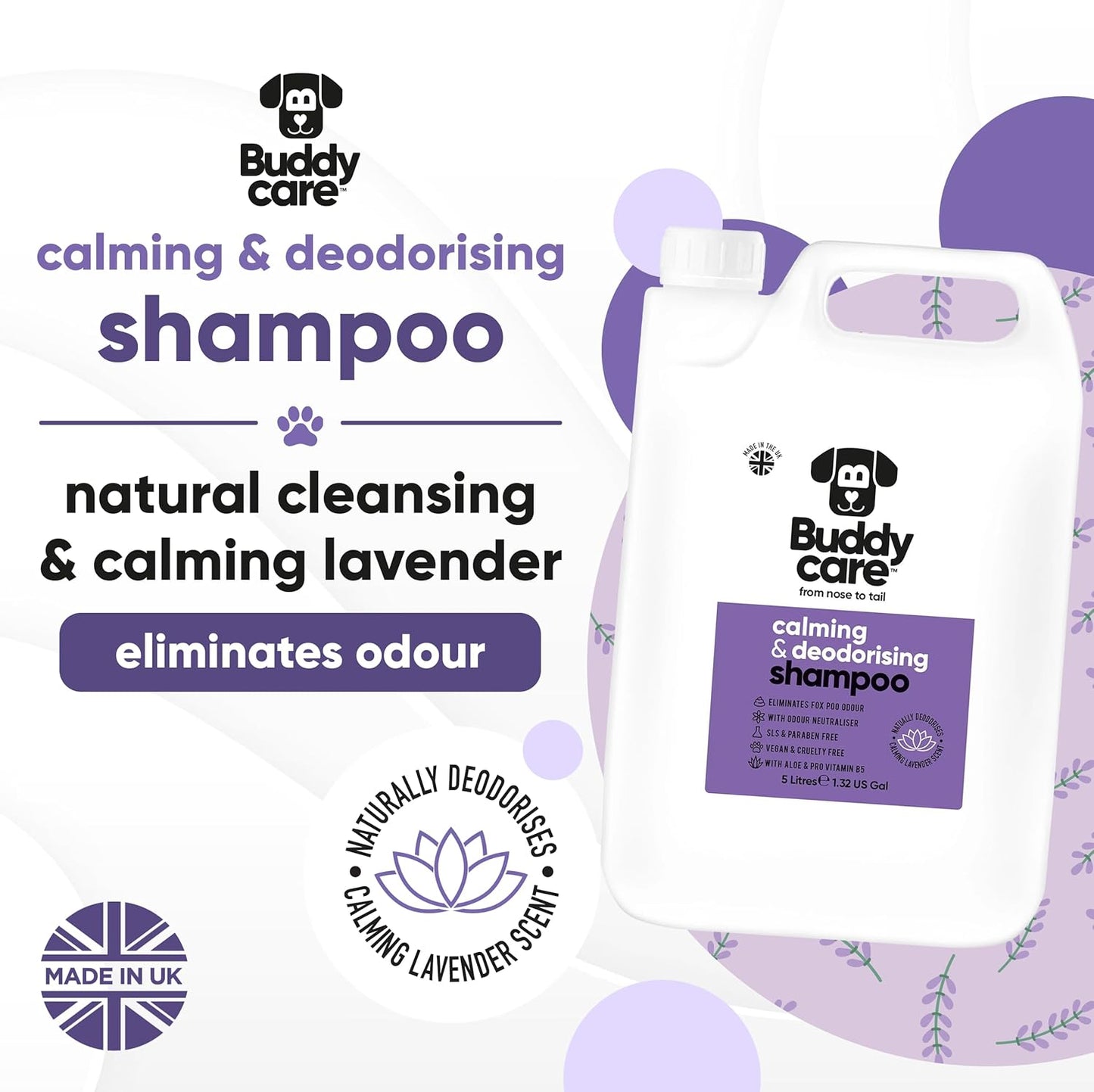 Calming & Deodorising Dog Shampoo by Buddycare | Lavender Scented | with Aloe Vera and Pro Vitamin B5 (169.07oz)