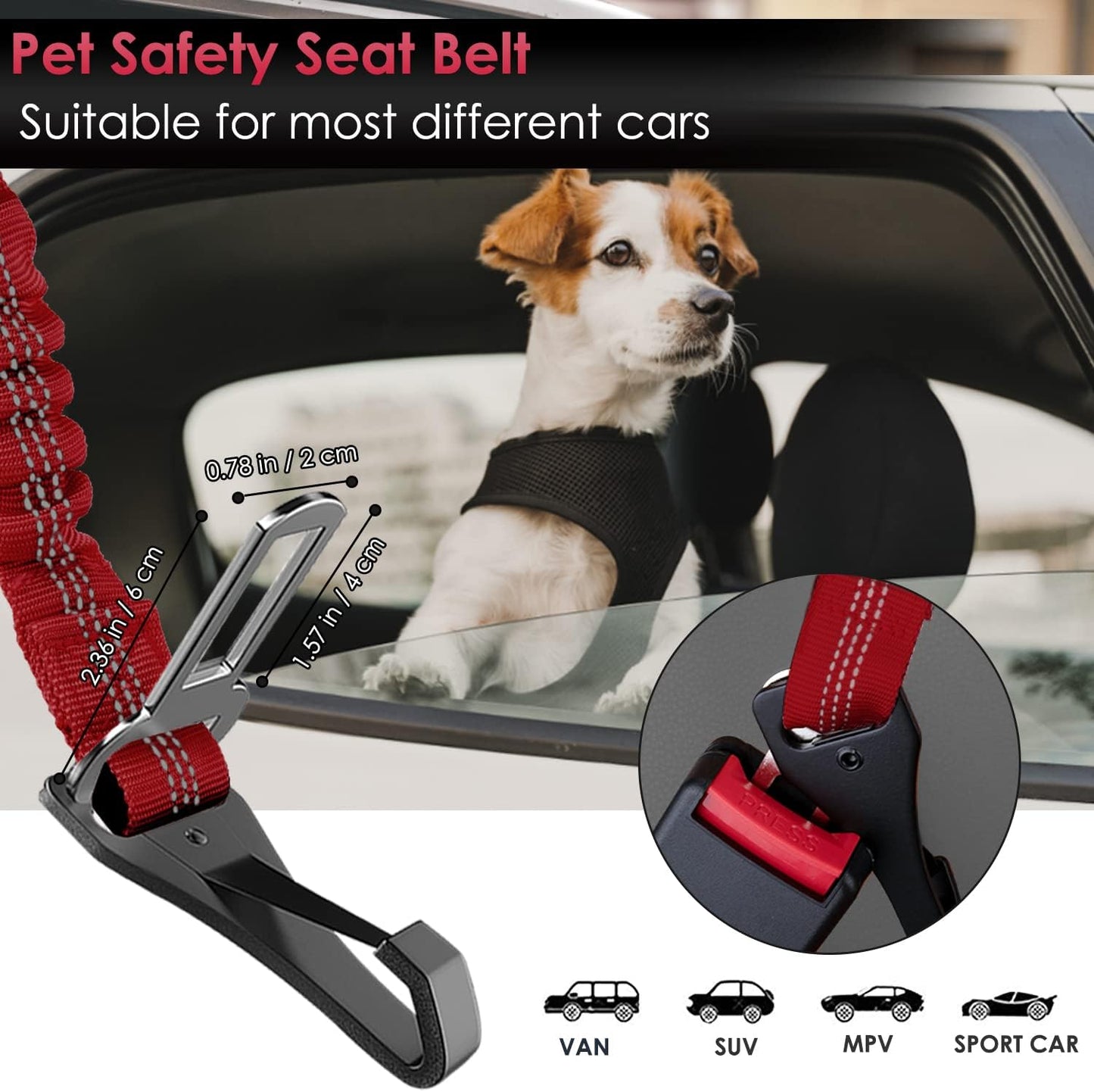 SlowTon 2 Pack Dog Seat Belt, 2 in 1 Attachment, Hook Latch Bar or Seatbelt Buckle with Elastic Nylon Bungee Buffer Adjustable Reflective Nylon Safety Belt Tether Connect to Dog Harness (2pack-R)