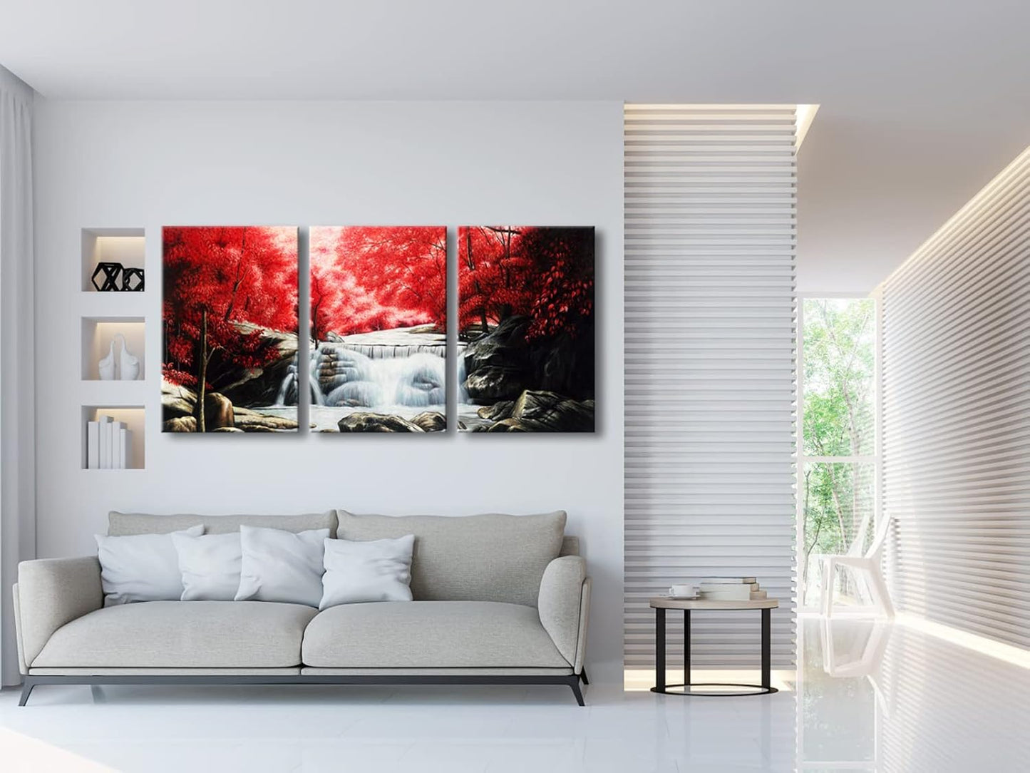 Wieco Art 3 Piece Red Forest Waterfalls Canvas Prints Wall Art for Living Bedroom Room Home Decorations Modern Gallery Wrapped Landscape Tree Oil Paintings Reproduction Pictures Artwork