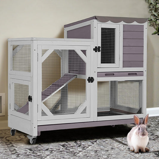 GUTINNEEN 2-Story Rabbit Hutch Indoor Bunny Cage Outdoor Guinea Pig House Wooden Small Animal Cage with Chew-Proof Ramp, Leak-Proof Tray, Lockable Wheels for 2-4 Rabbits, Guinea Pigs (Grey)