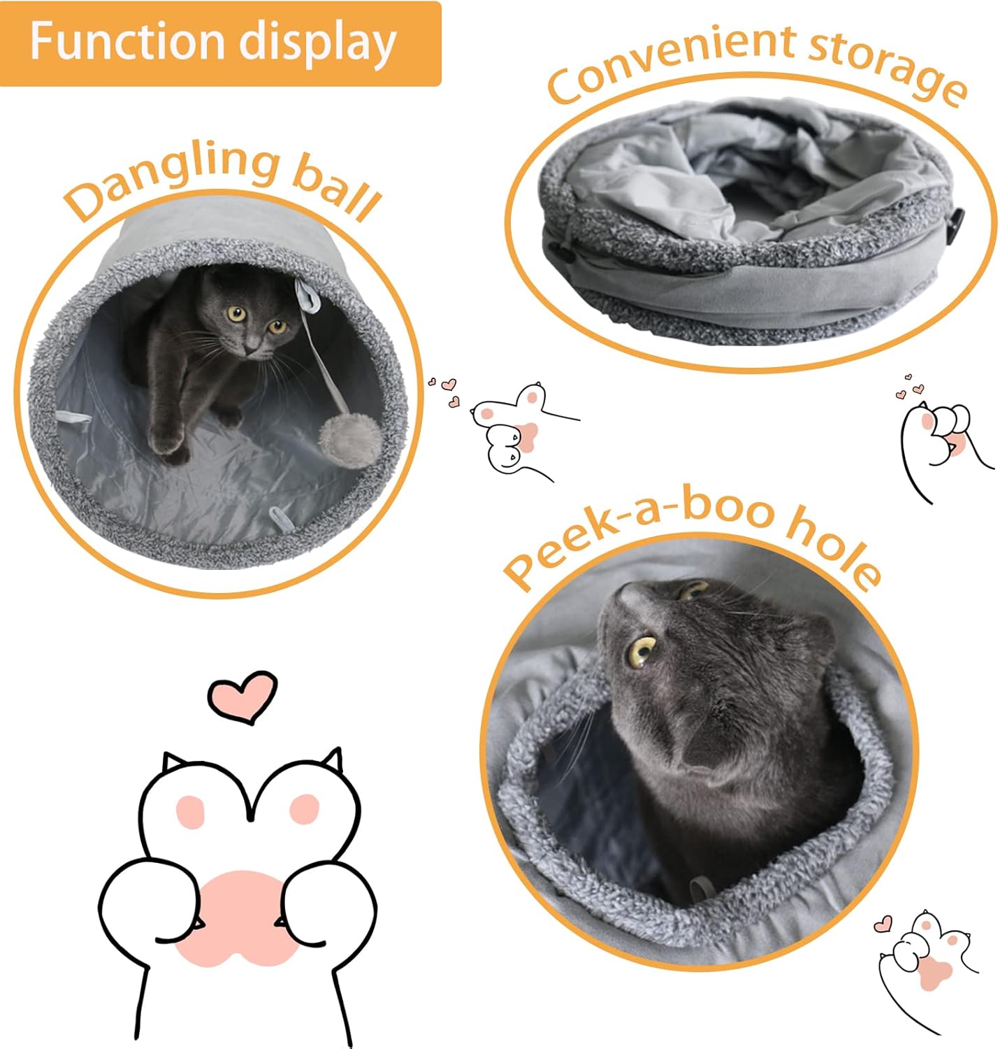 Cat Tunnel for Indoor Cats, 51×12 inch Foldable Big Cat Tunnel, Grey Suede Pet Tunnels with Two Peepholes and a Bubble Ball