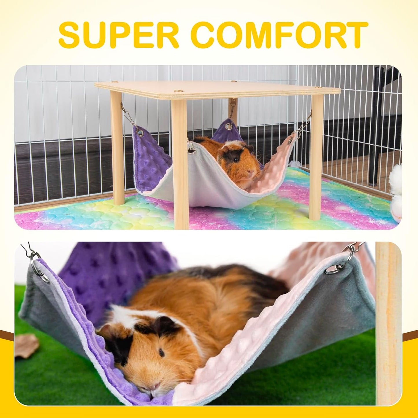 Enlarged Guinea Pig Hammock with Wooden Stand,Small Animal Hanging Bed Large Platform for Guinea Pigs Bunny Ferret Hamster Hiding Sleeping 13L x 13W x 11H in