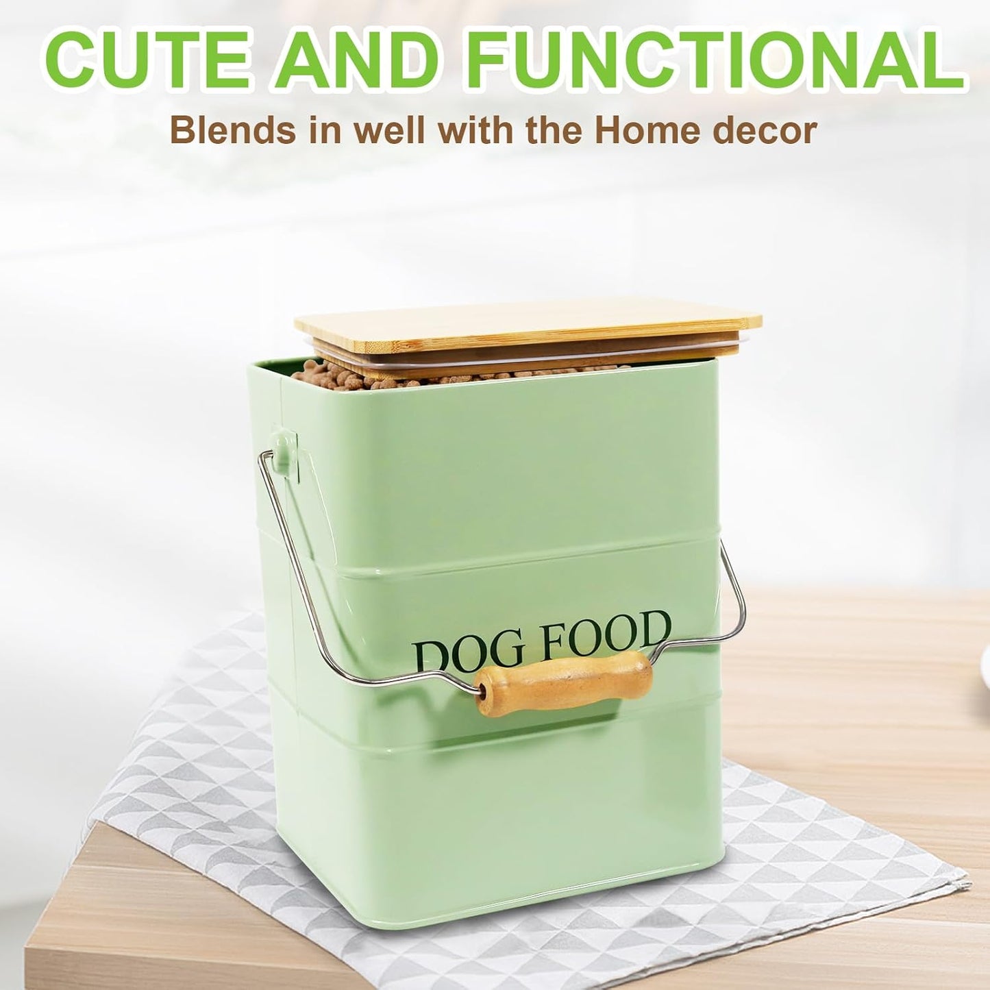 Dog Food storage container Dog Treats Jar,5~6 lb Metal food treats tin for Dog, pet snacks Canisters with wooden lid/handle/sevice scoop-Green