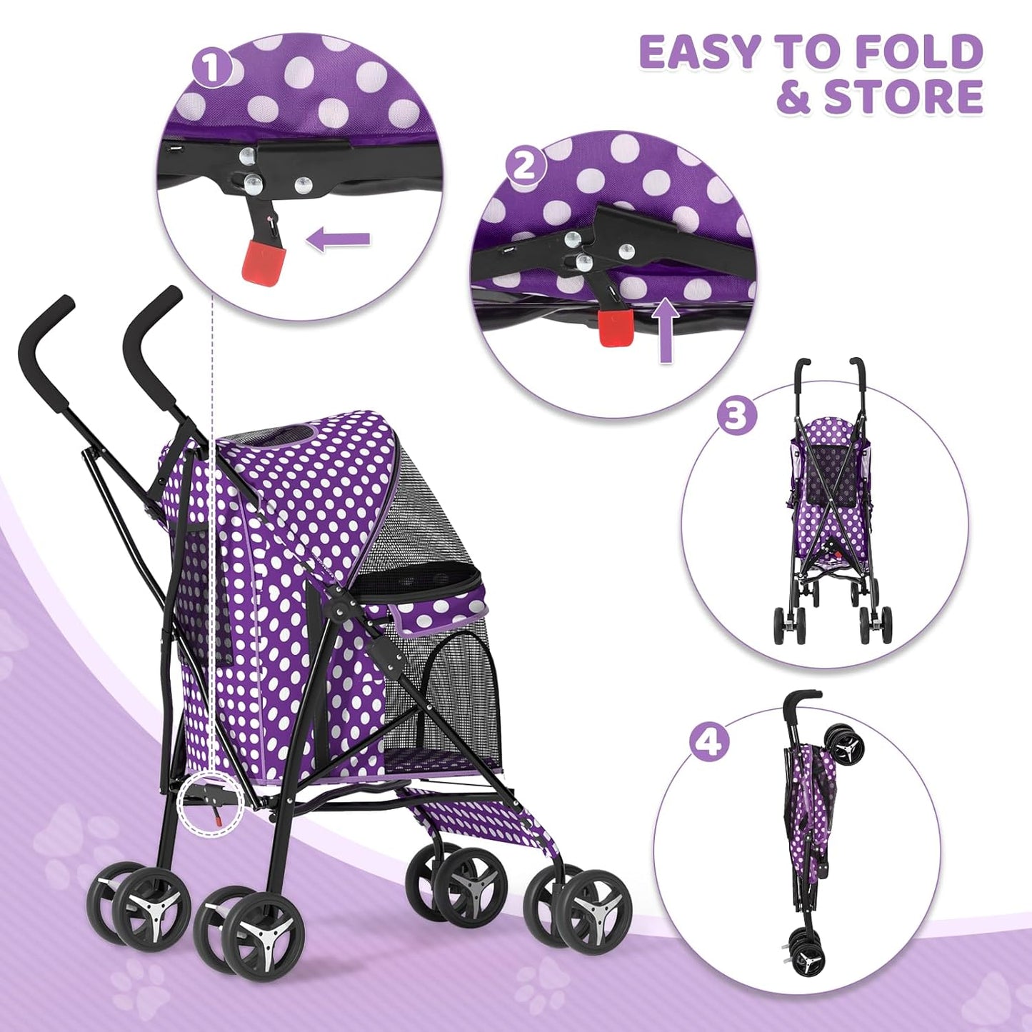 Magshion Compact Pet Stroller for Small-Medium Dogs/Cats up to 22lbs, 4-Wheel Lightweight Umbrella Shaped Portable Puppy Travel Jogger with Breathable Mesh & Rear Storage, Purple Polka Dots