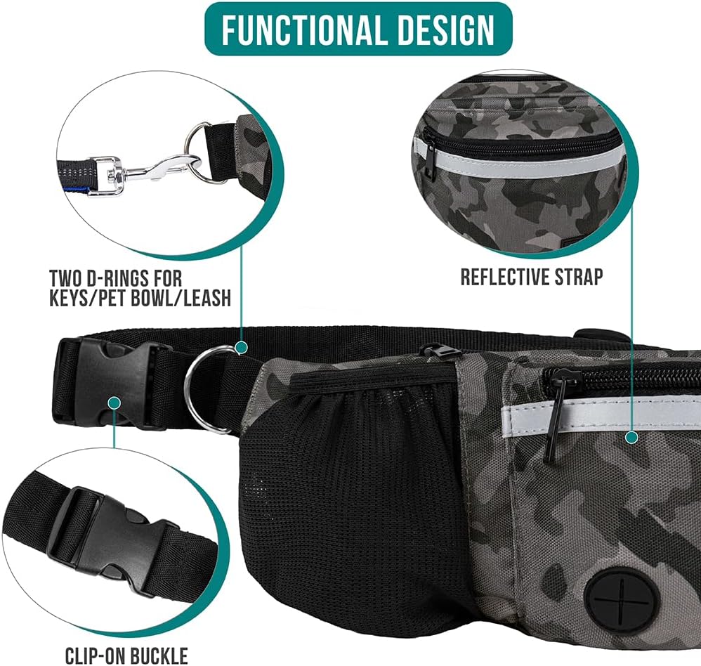 PetAmi Dog Fanny Pack, Treat Pouch for Dog Walking, Training, Built in Poop Bag Dispenser, Water Bottle Holder, Collapsible Bowl, Pet Treat Waist Belt for Hiking, Running, Kibbles (Camo Black)