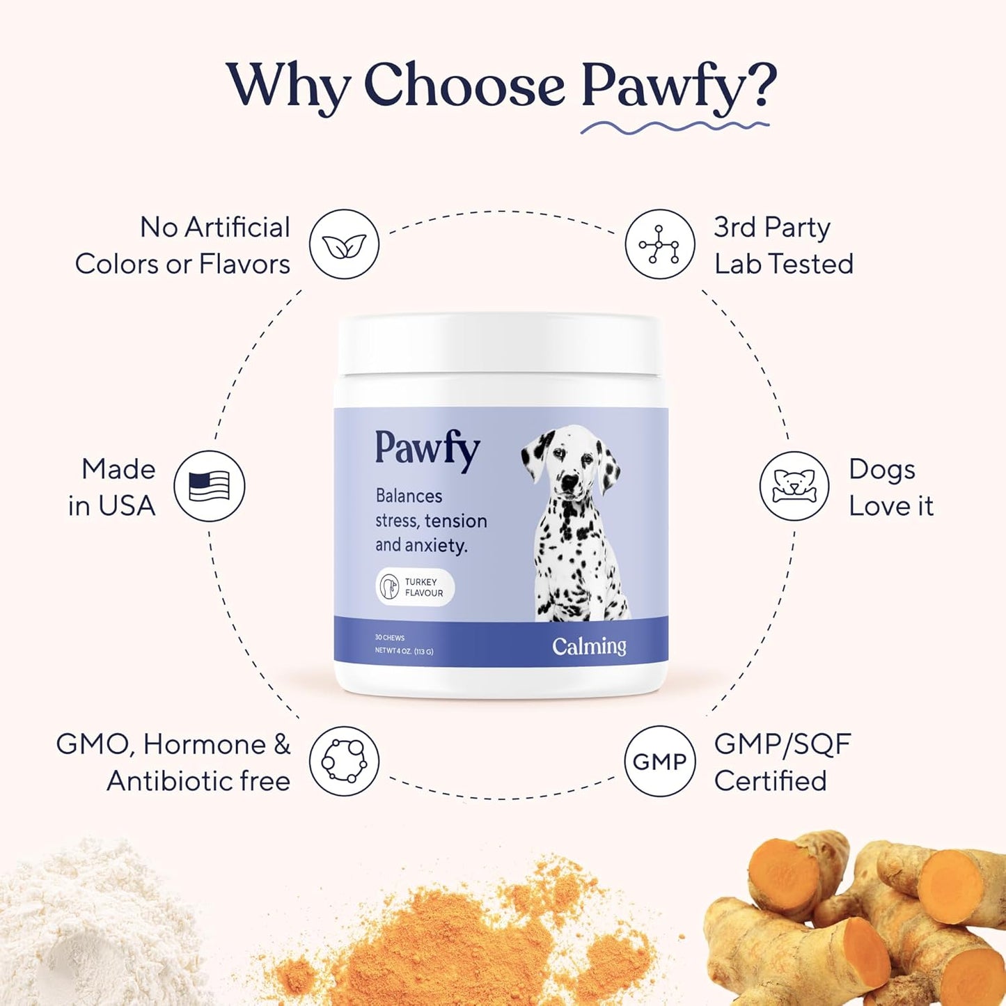 Pawfy Calming Chews for Dogs | Natural Dog Calming Chews - Supports Relaxation and Calm Behavior | Helps with Thunder, Separation, Chewing & Barking | Soothing Aid for Fireworks - 30 Turkey Treats