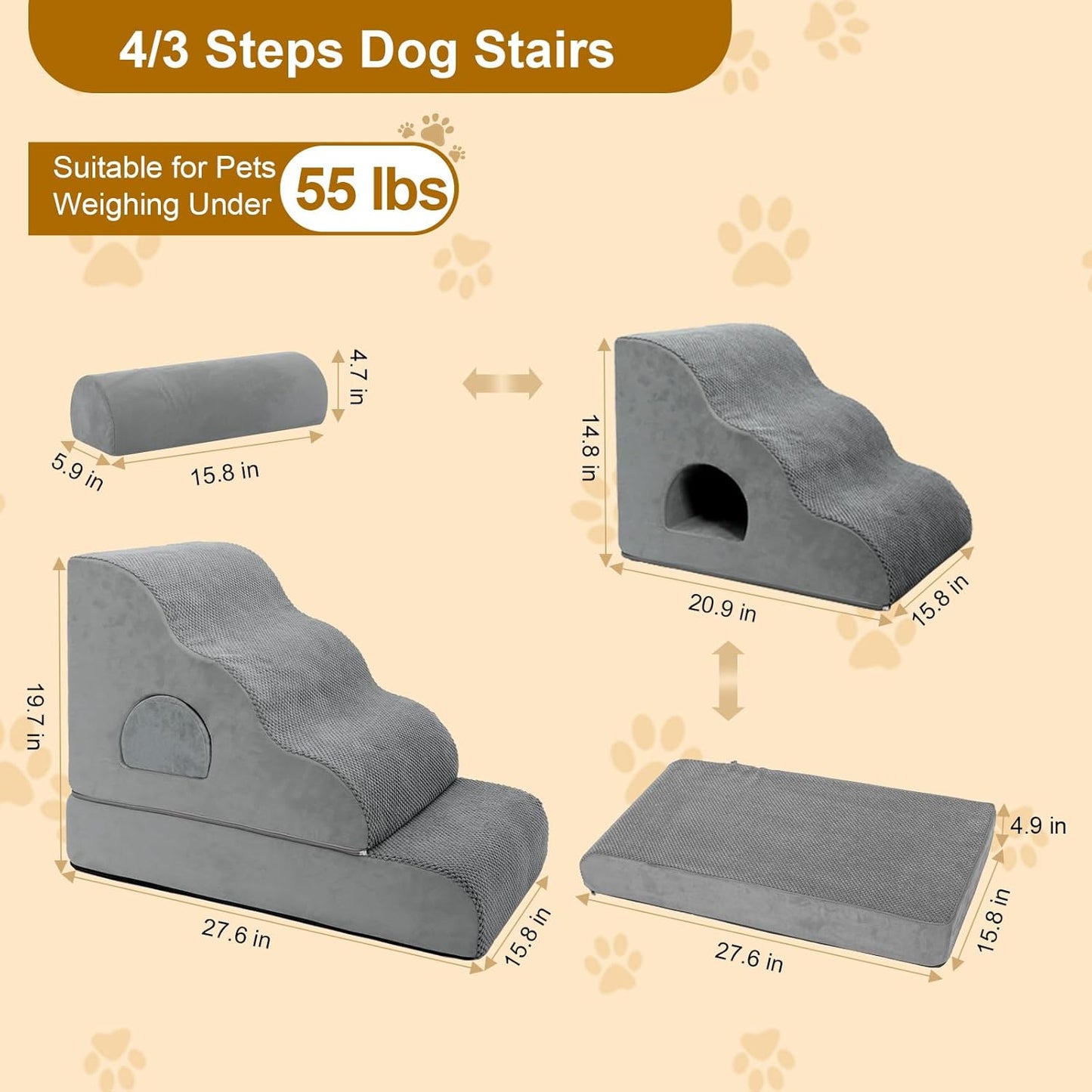 Dog Stairs for Small Dogs 19.7" H, 4-Step Dog Steps for High Bed, High-Density Foam Curved Pet Stairs with Non-Slip Removable Washable Cover to Get on Bed