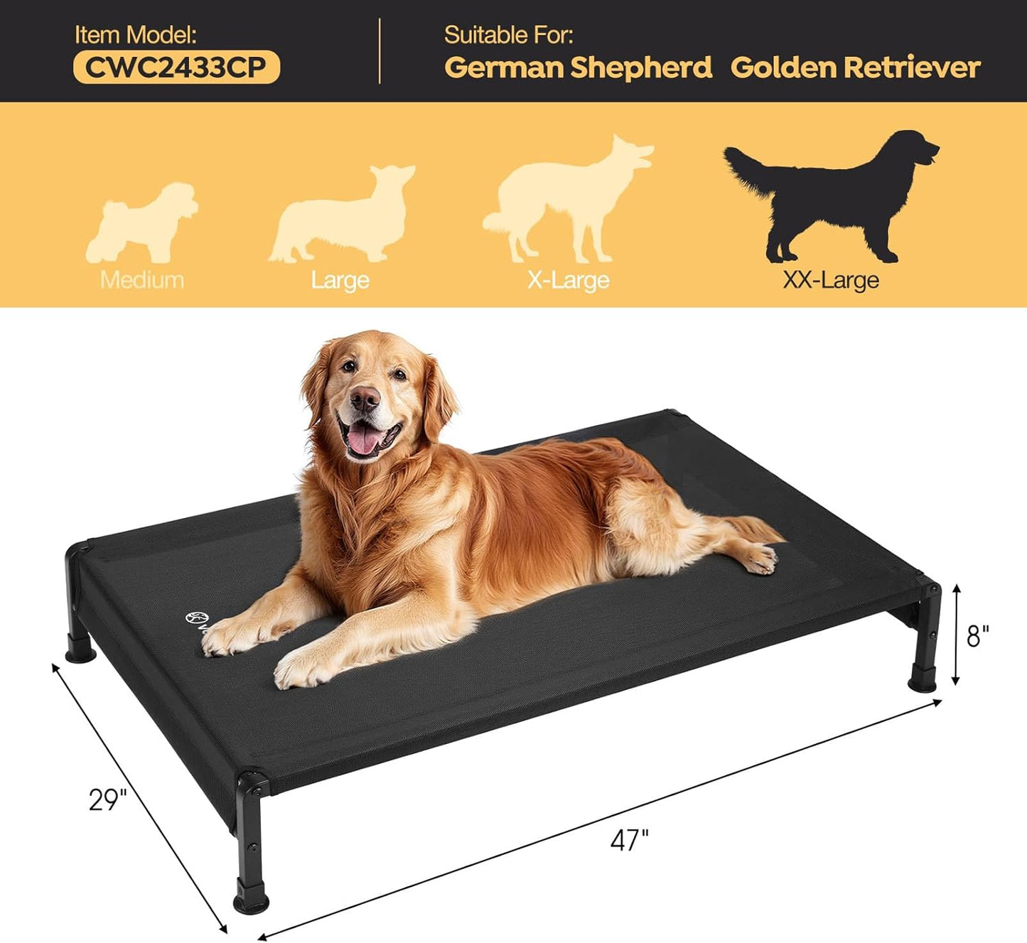 Veehoo Cooling Outdoor Dog Bed, Heavy Duty Elevated Pet Bed with Washable & Breathable Teslin Mesh, Non-Slip Silicon Feet, Dog Cot Bed with Support Hem, 47" x 29", Black, CWC2433