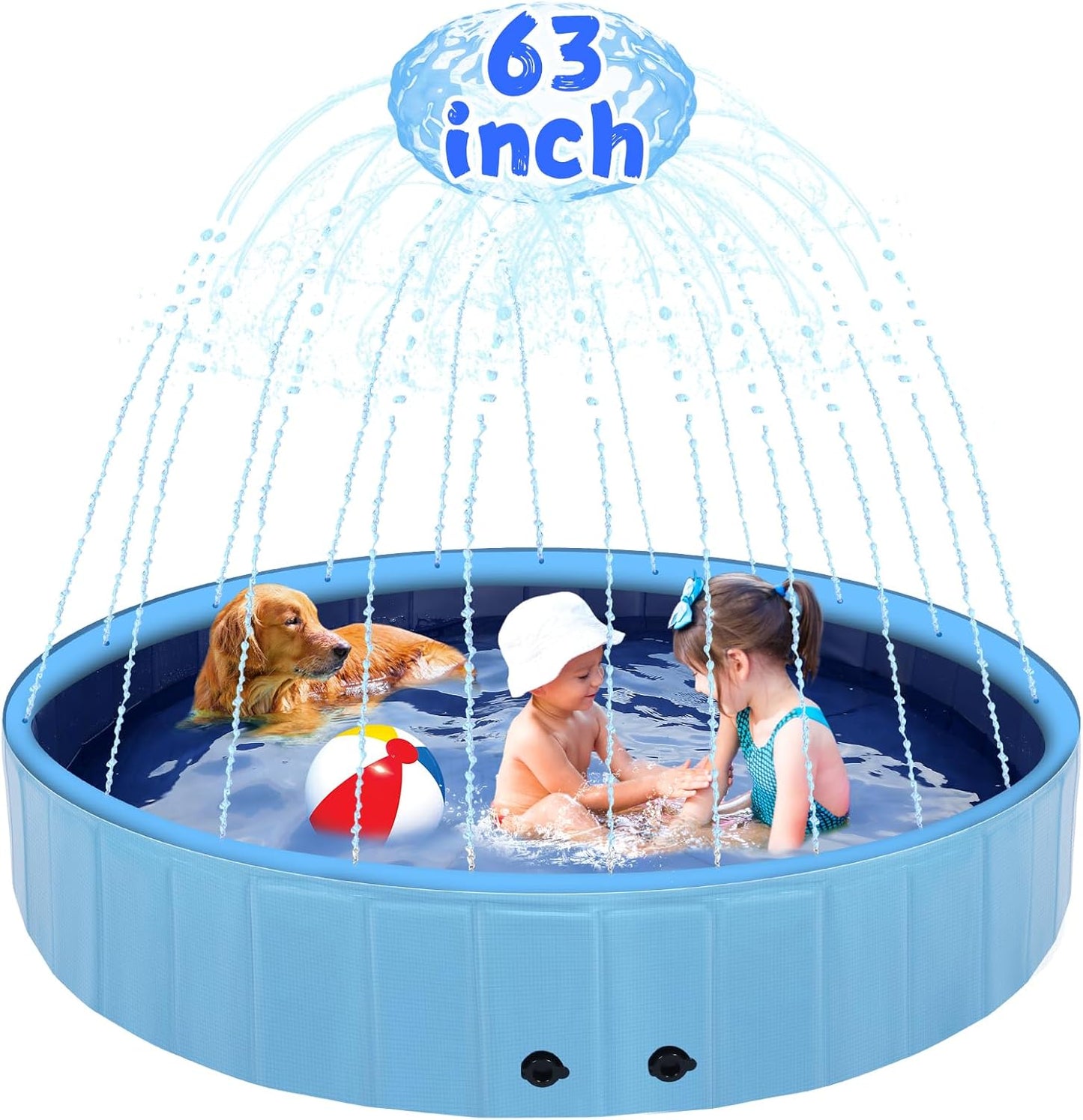 63" Large Dog Pool with Sprinkler, 2-in-1 Foldable Swimming Pool Non-Slip Hard Plastic Splash Sprinkler Kiddie Pool for Outdoor Backyard Kids Dogs Ducks and Pet Baths