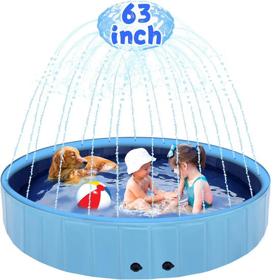 63" Large Dog Pool with Sprinkler, 2-in-1 Foldable Swimming Pool Non-Slip Hard Plastic Splash Sprinkler Kiddie Pool for Outdoor Backyard Kids Dogs Ducks and Pet Baths