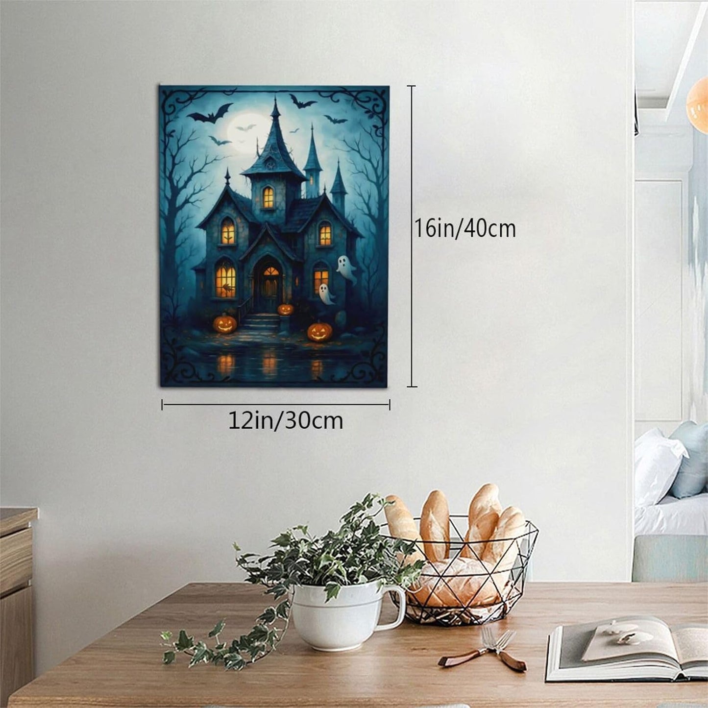 Halloween Gothic Wall Art Castle Pumpkin Ghost Bat Canvas Wall Decor Dark Academia Pictures Painting Print Framed Artwork Decorations Gifts for Halloween Living Room Bedroom Office 12"x16"
