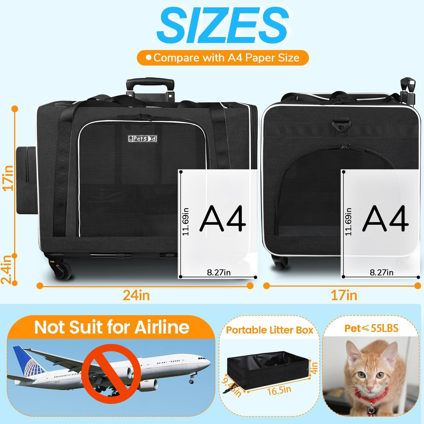 Petskd Extra Large Cat Carrier with Wheels and Litter Box 24"x17"x17" for Large Cat or 2 Small Cats, Collapsible Soft Sided Pet Carrier for Car Travel with Lockable Safety Zippers(Black)