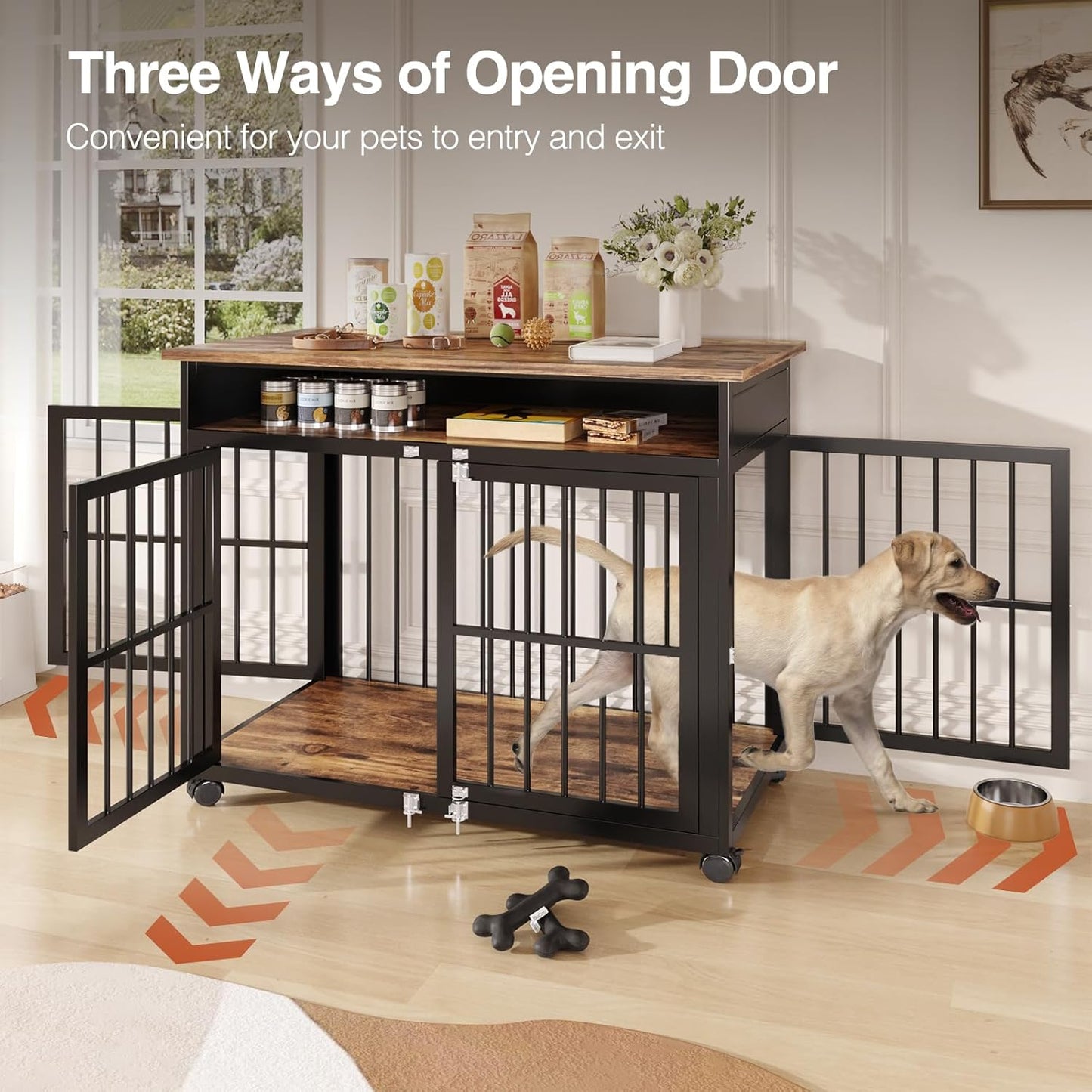 39.4" Dog Crate Furniture for Medium and Large Breed, Dog Kennel Furniture with Storage Shelf & Lockable Wheels, Heavy Duty Wooden End Side Table Pet Cage Indoor, Chew-Resistant, Brown