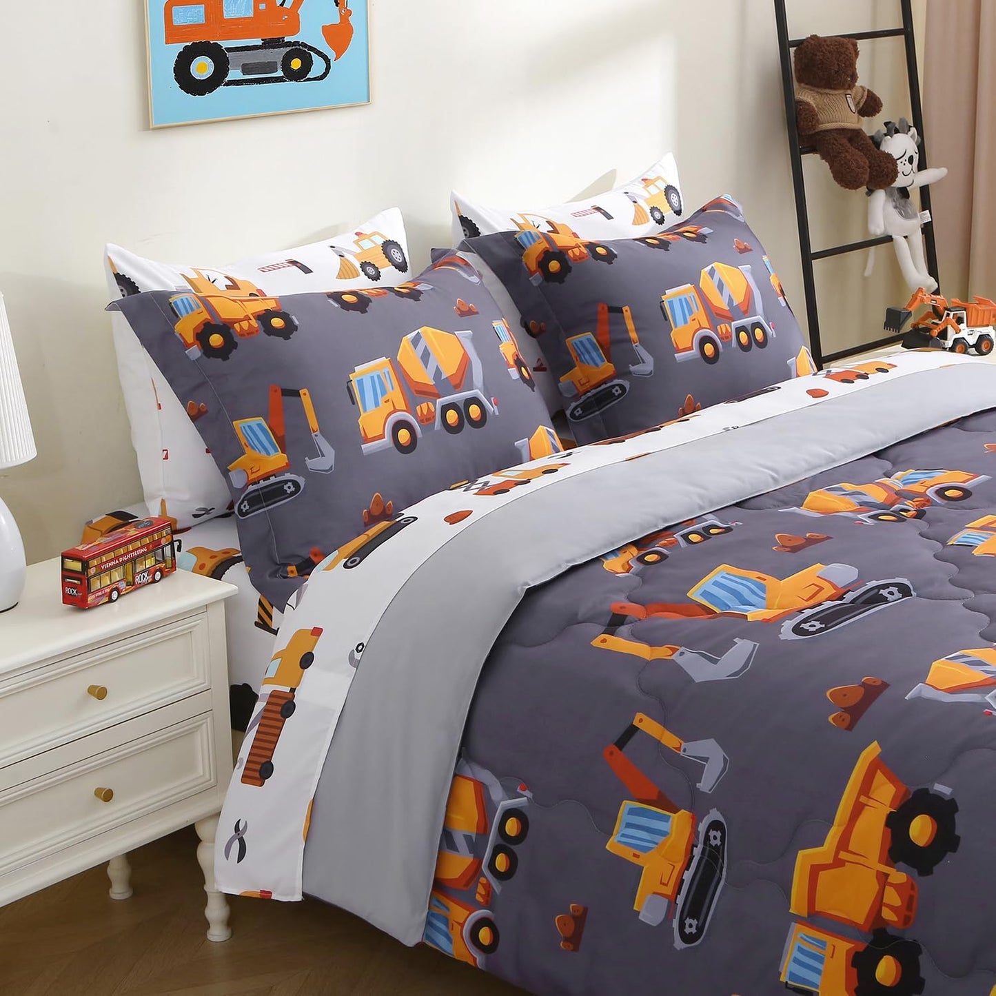 Kids Comforter Set 7 Piece Bedding Cute Car Cartoon Truck Bed Microfiber Comforter Full Size All Season Excavator Car Truck Printed