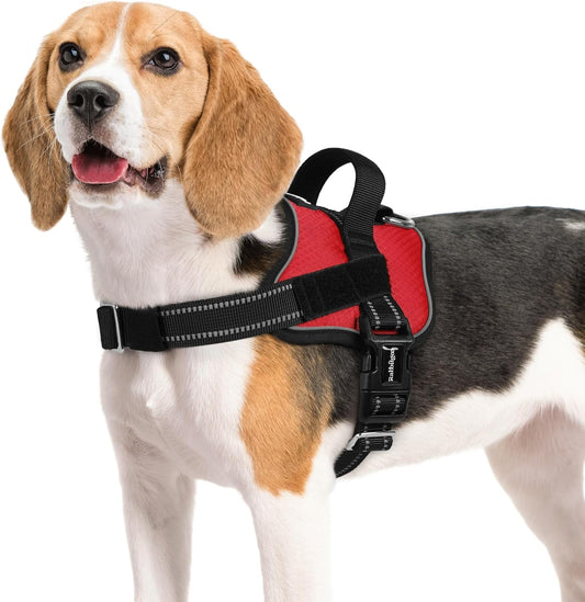 rabbitgoo Dog Harness Medium Sized, Easy On Pet Vest with One Buckle, No Pull Adjustable Service Harness with D-Ring & Handle, Reflective for Safety Walking, Training, Red, M