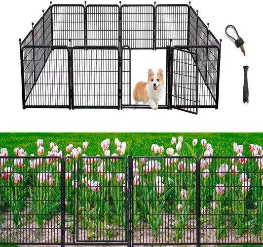 Tall Garden Fences and Borders for Dogs, 4.6ft High Dog Fence, 10 Panels Total 22.1Ft Long, Gate 21 inches Wide with Low Sills, Animal Barrier Fence, Metal Fence Panels, Flower Bed Fencing