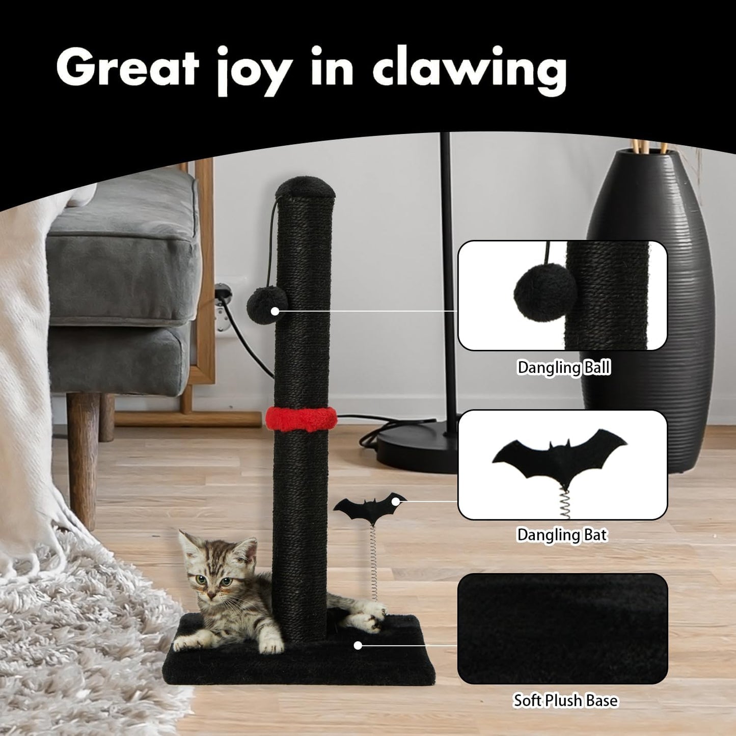 MECOOL Cat Scratching Post Premium Sisal Scratch Posts with Hanging Ball Vertical Scratcher for Indoor Cats and Kittens,Black