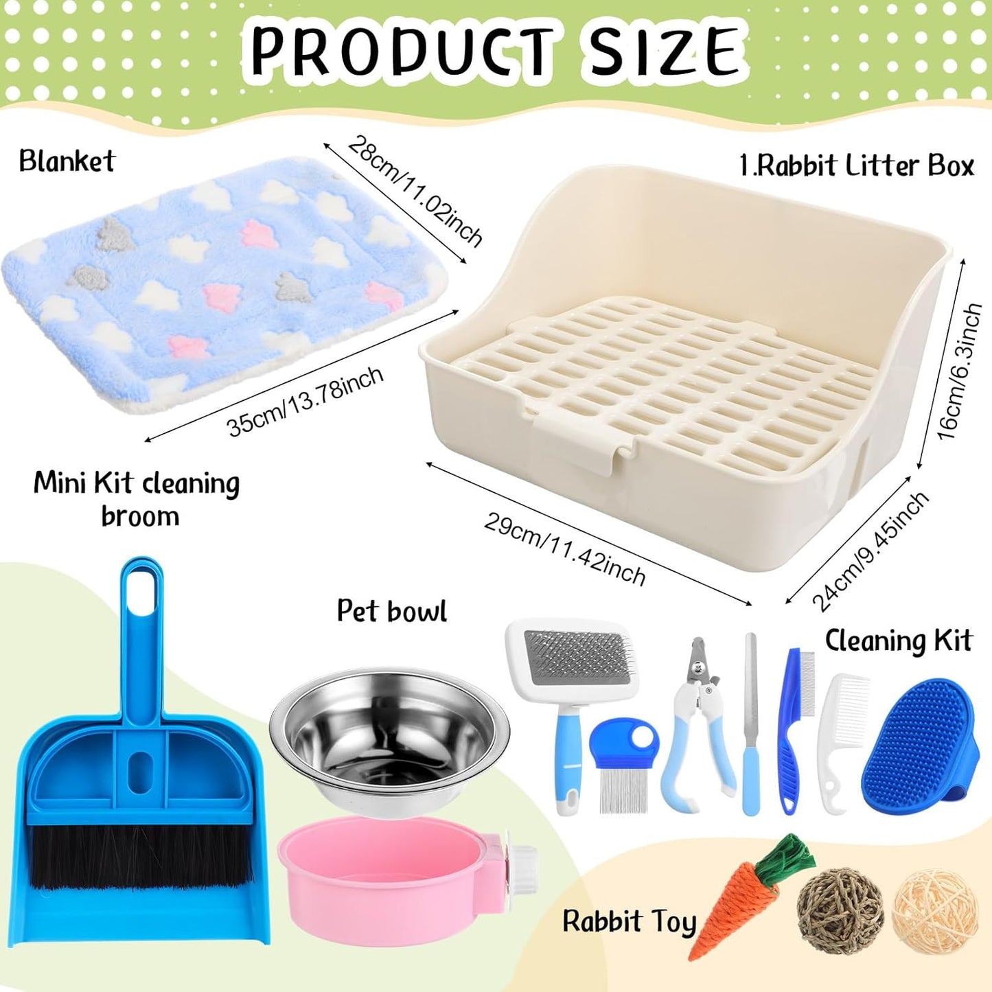 15 Pcs Rabbit Starter Kit Small Rabbit Litter Box Animal Grooming Kit Bunny Toys Bowl Blankets with Cleaning Set for Guinea Pig Accessories(Multicolor)
