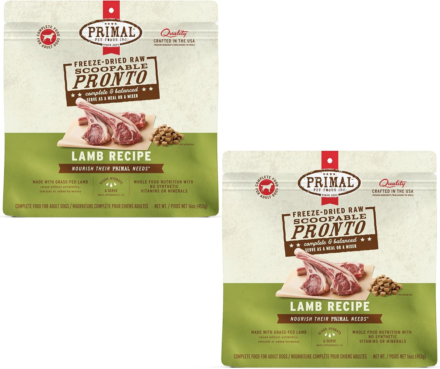 Primal Freeze Dried Dog Food, Pronto Mini Nuggets, Lamb; Scoop & Serve, Complete & Balanced Meal; Also Use as Topper or Treat; Premium, Healthy, Grain Free, High Protein Raw Dog Food (16 oz, 2-Pack)