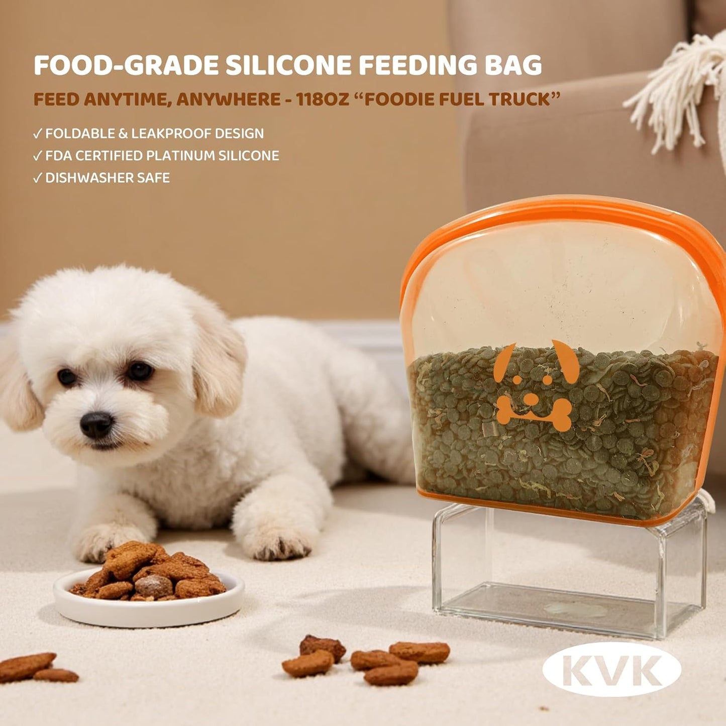 KVK Extra Extra Large Silicone Dog Food Mat 39.4×43.3in and 128oz Silicone Bag Set, Super Size Waterproof Pet Feeding Mat & Container, Non-Slip, Chew-Resistant Floor Protection (Taupe&Orange)