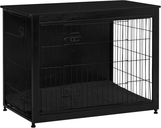 DWANTON Dog Crate Furniture with Cushion, Wooden Kennel Table with Double Doors, Indoor Dog House, Large Size, 38.5" L, Black