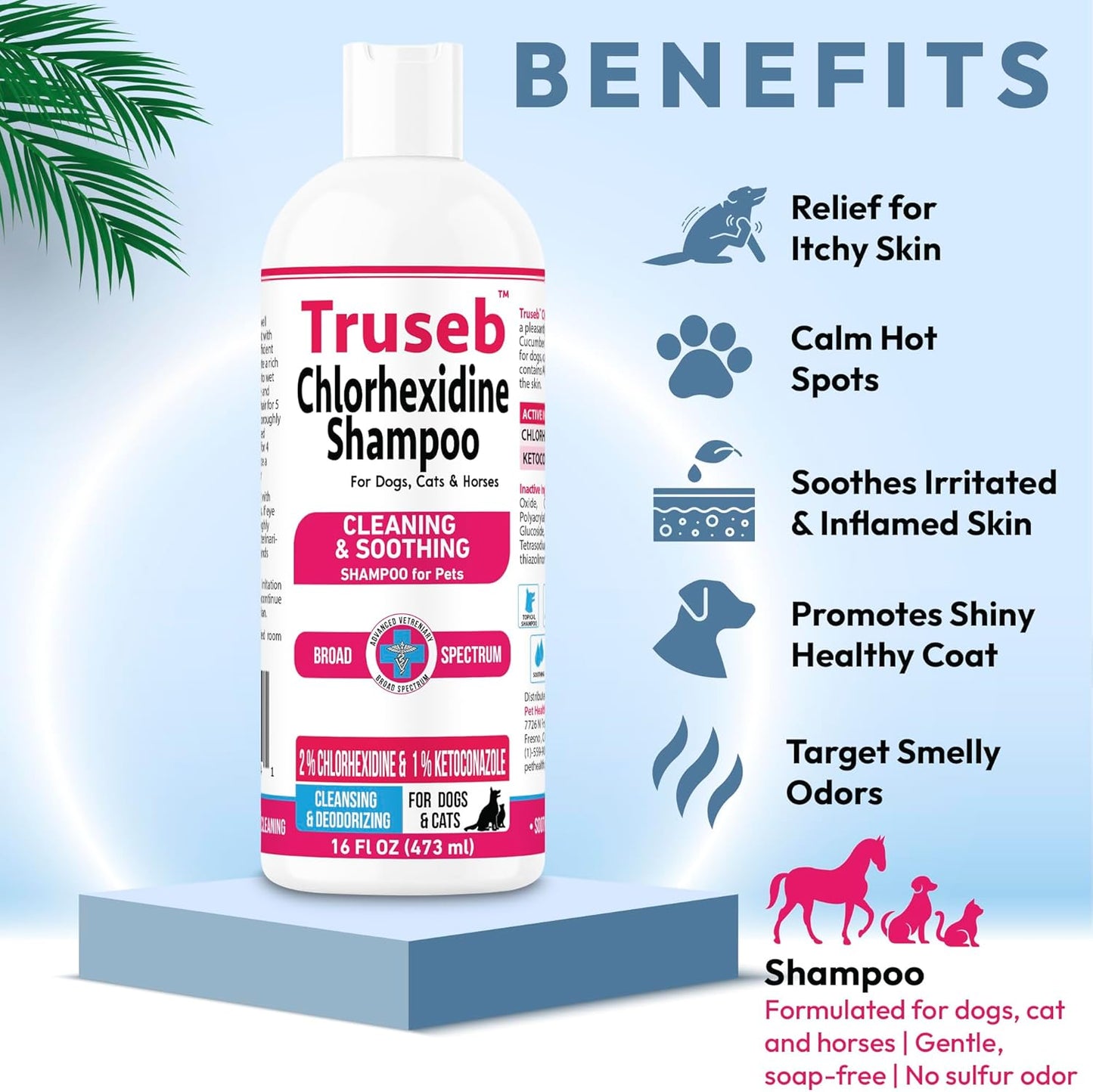 Truseb Topical Ketoconazole and Chlorhexidine Shampoo for Dogs, Cats, and Horses with Aloe - 16 oz (Ketoconazole & Chlorhexidine Shampoo, 16 oz)