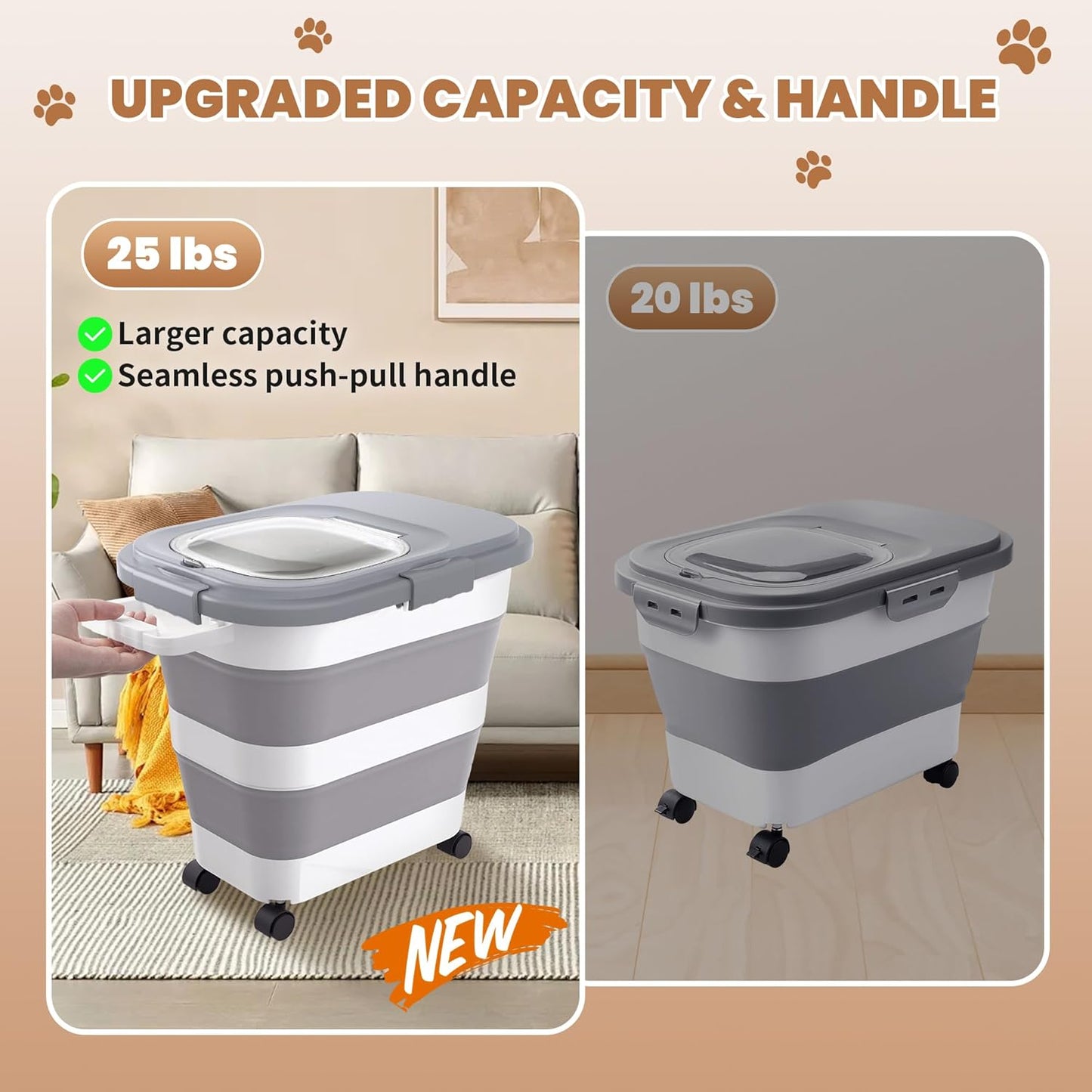 23-25 Lbs Airtight Dog Food Storage Container,Collapsible Pet food storage Container,All-in-One Cat Food Container Set with Scoops,Can Covers & Can Opener Spoons,Small Bin and Waste Bags