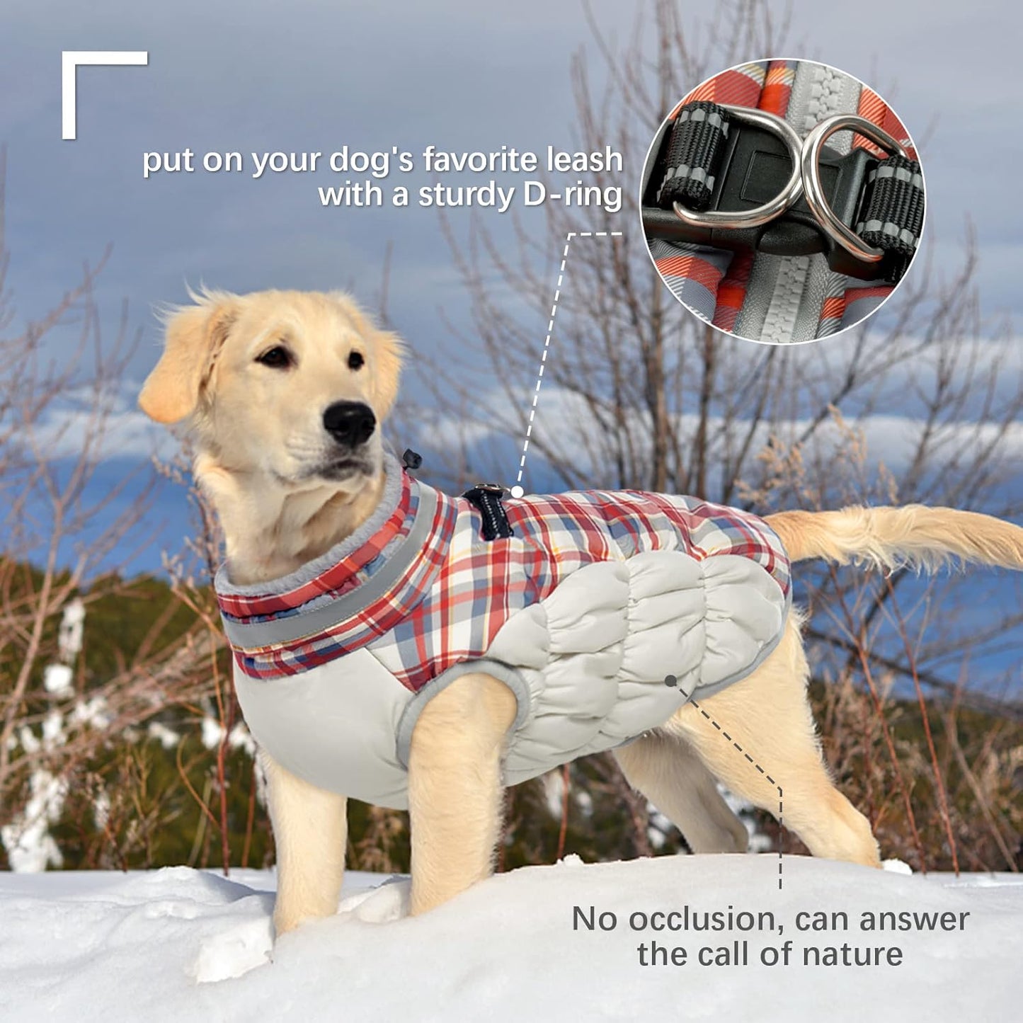 FUAMEY Dog Coat for Large Dogs,Waterproof Dog Winter Jacket with Harness Built in Puppy Cold Weather Coats Reflective Pet Vest with Zipper Warm Fleece Dogs Snowsuit Windproof Red Plaid XXXL