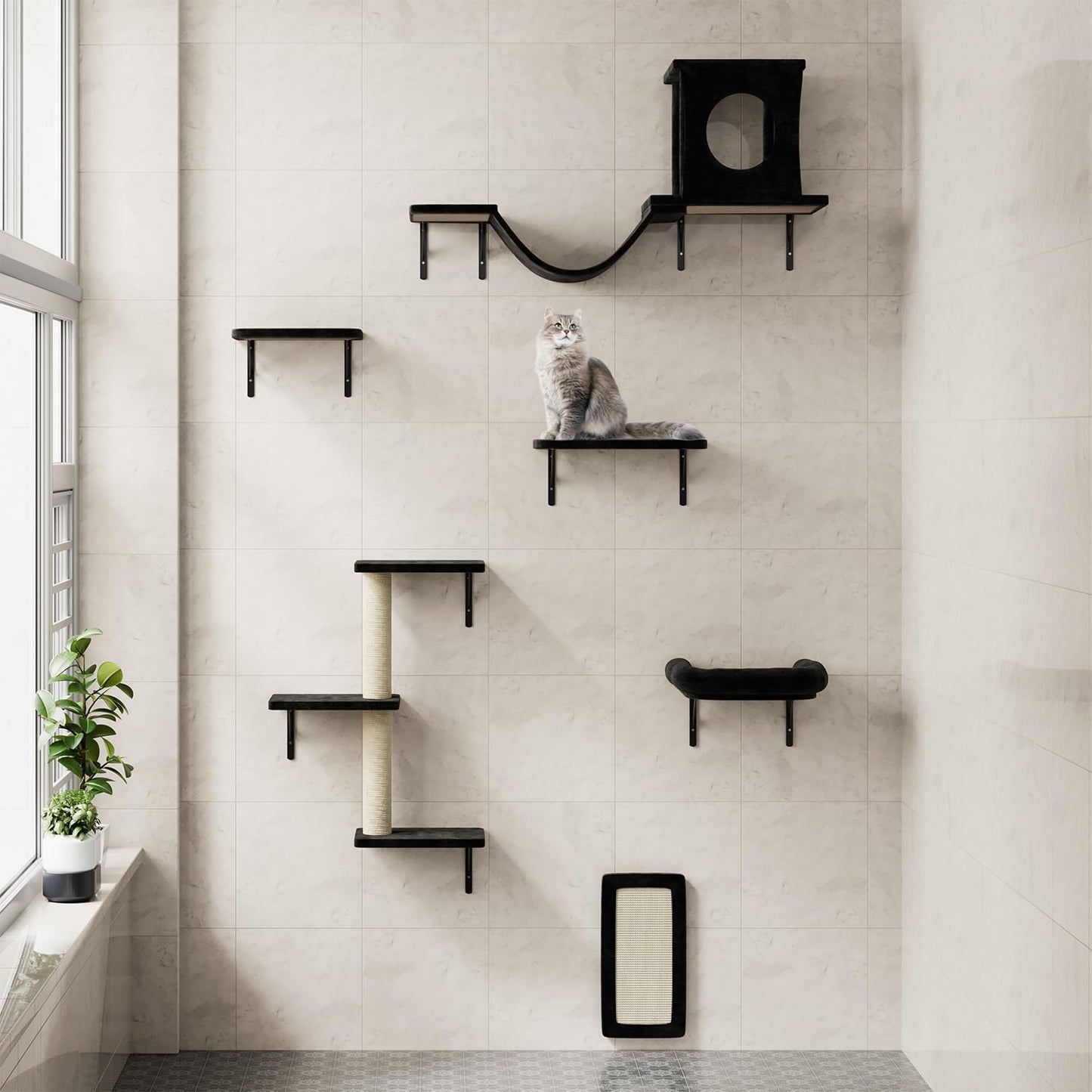 NUNU LAB Cat Wall Shelves, 6 Pcs Luxury Wall-Mounted Cat Climber Set, Indoor Cat Furniture with 1 Condos House, 2 Cat Wall Shelves, 1 Scratching, 1 Bridge Ladder, 1 Scratching Pad, Black