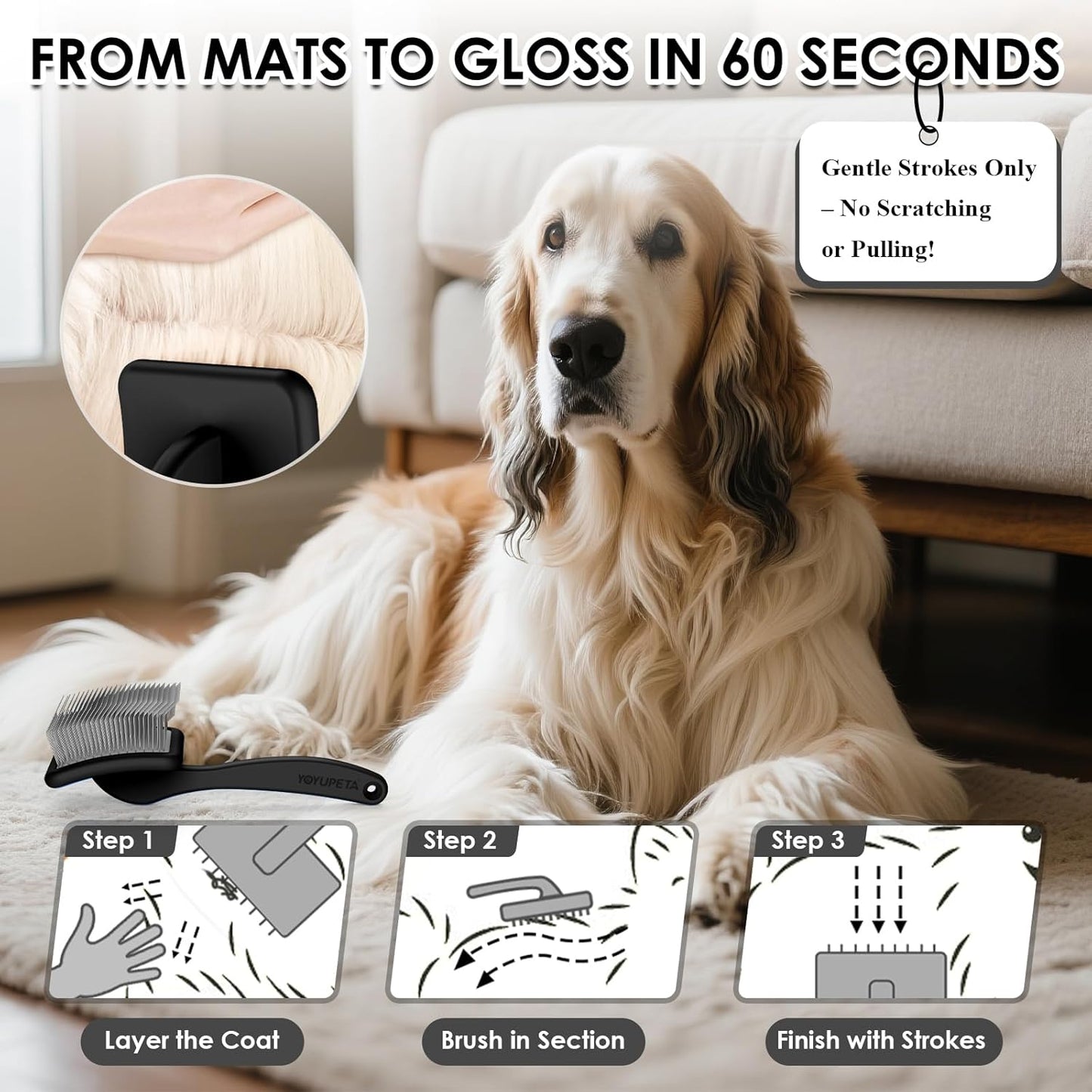 Large Slicker Brush for Dogs - 3PC Pet Grooming Kit - Undercoat Rake & Stainless Comb | Long Pins Remove Mats on Poodles, Golden, Labradoodles | Thick Coat Deshedder for Dogs, Cats, Black