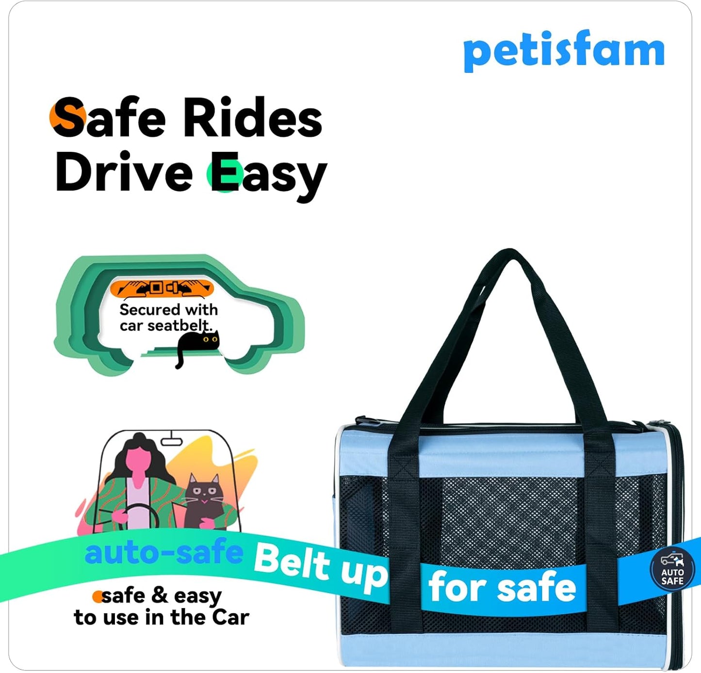 petisfam Soft Pet Carrier for Large and Medium Cats, 2 Kitties, Small Dogs. Easy to Get Cat in, Great for Cats That Don't Like Carriers (Blue)