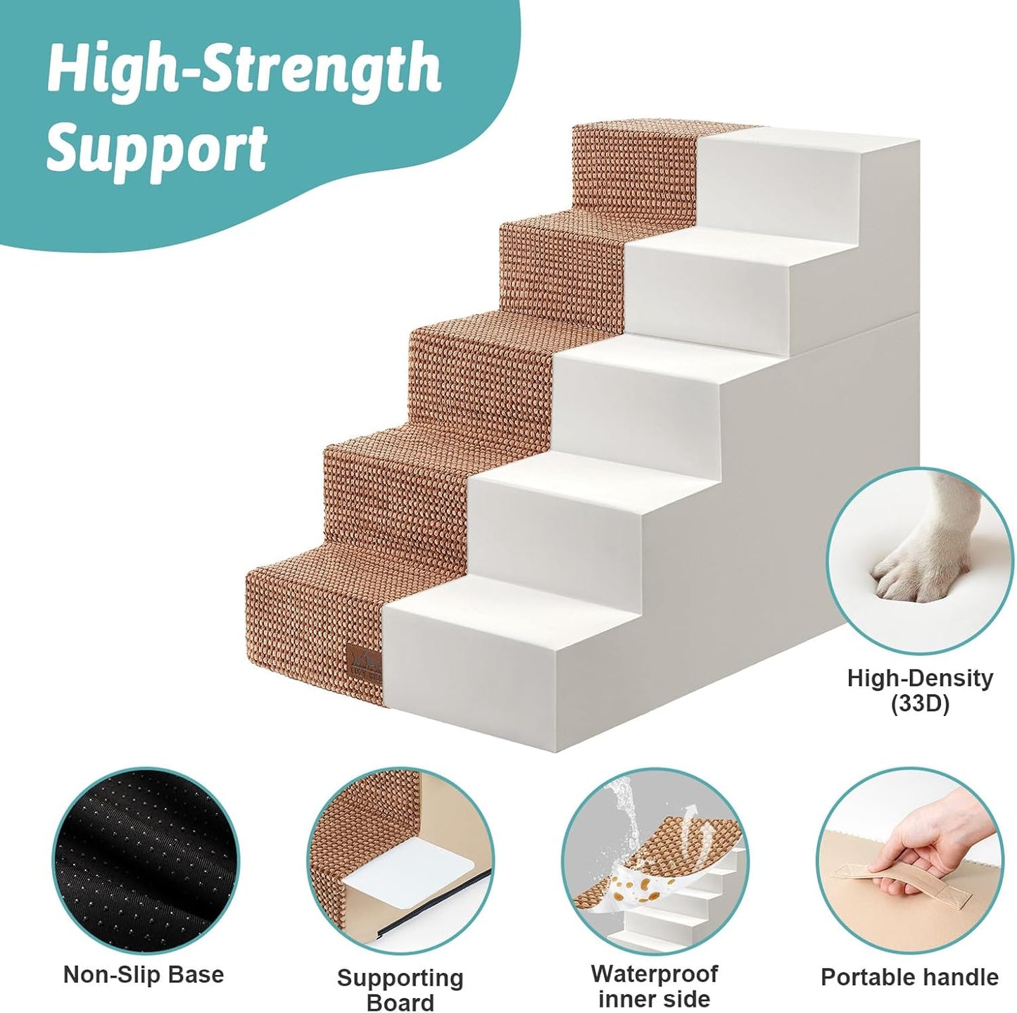 Dog Stairs for Small Dogs, 5 Tier Removable Wider Pet Stairs for Couch and Bed, 23.6" H Non-Slip Dog Steps for Puppies and Old Cats with Support Board, 29.5x19.7x23.6 inch, Light Brown