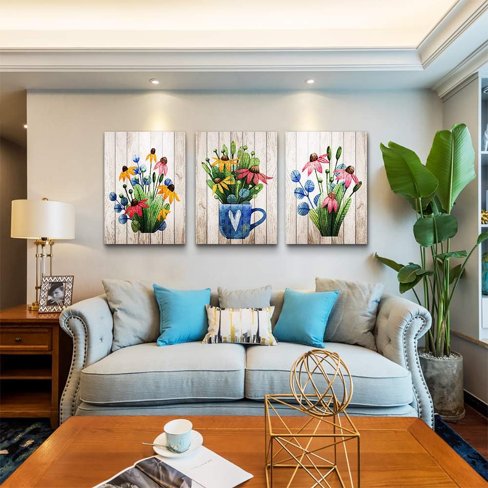 Canvas Wall Art For Kitchen Wall Decoration For Living Room Wall Decor For Bedroom Room Decor Vintage Wood Grain Plant Flowers Wall Painting Office Wall Pictures Artwork Home Decor 16" X 24" 3 Piece