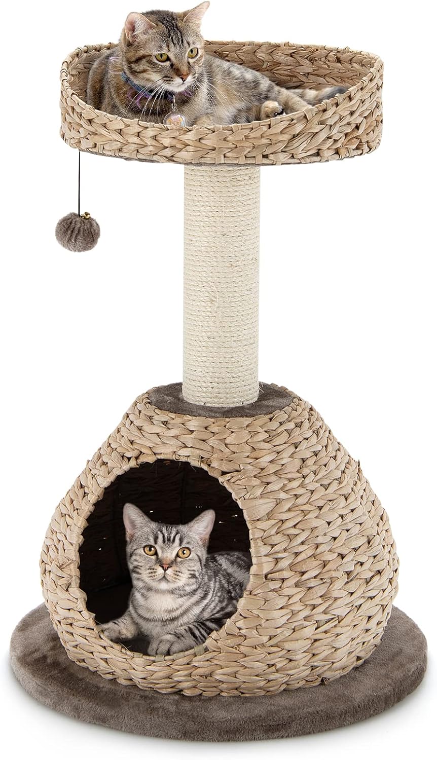 Tangkula Modern Cat Tree, Small Cat Tower with Natural Sisal Scratching Post, Hand-Made Wicker Cat Condo & Top Perch, Funny Hanging Toy Ball, Cute Cat Tree Tower for Indoor Cats