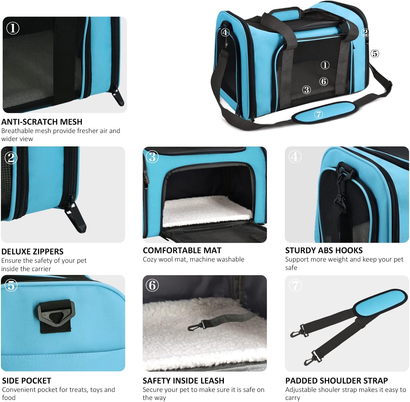 Pet Carrier for Small Medium Cats Puppies up to 15 Lbs, Airline Approved Small Dog Travel Puppy Carrier Soft Sided, Collapsible - Blue