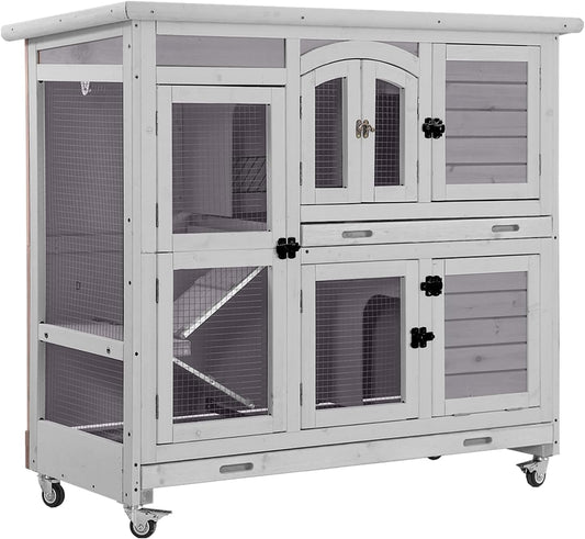Aivituvin Rabbit Hutch Indoor, Bunny Cage with Wheels, 2-Story Design, 2 Deep Trays, Anti Slip Ramp, Ideal for Small Animals - Grey