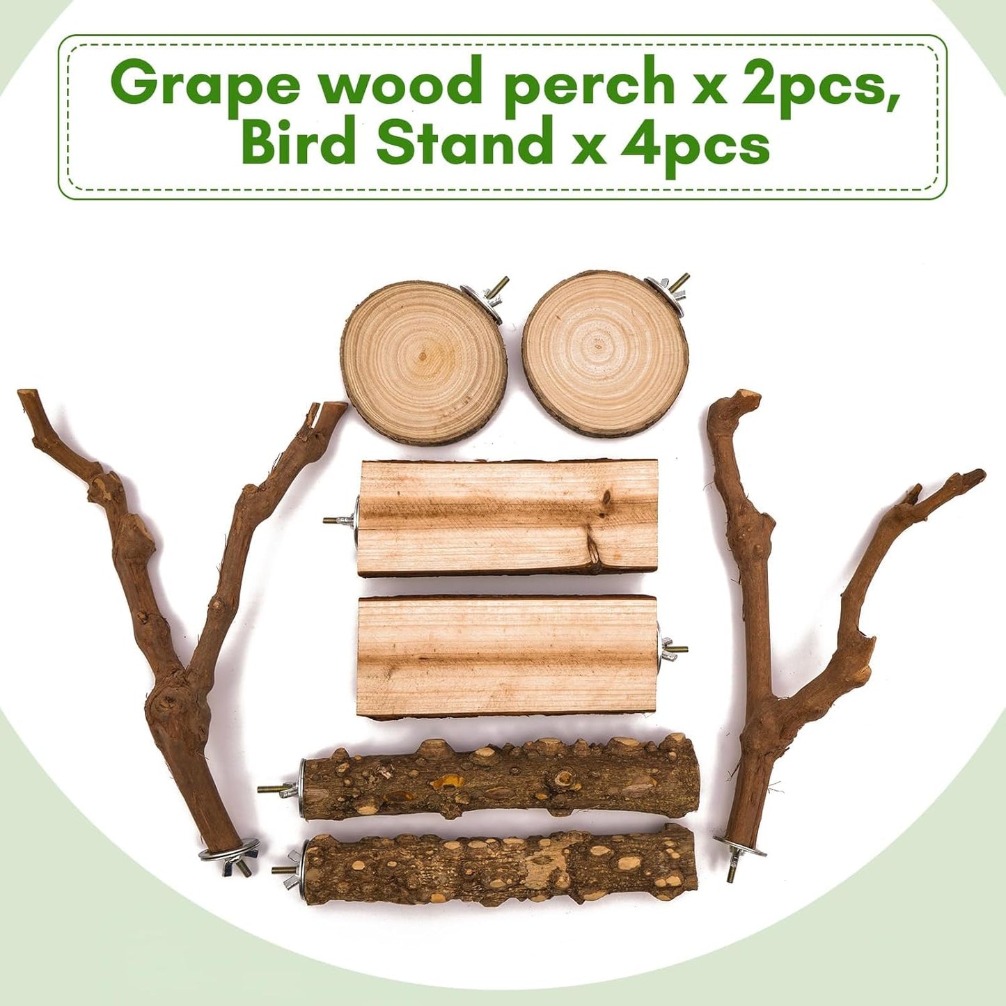8pcs Brid Perch Bird Cage Accessories 2 Natural Grape Stick Paw Grinding Fork 6 Parrot Stand Bird Toys for Parakeets, Cockatiels, Conure, Budgies