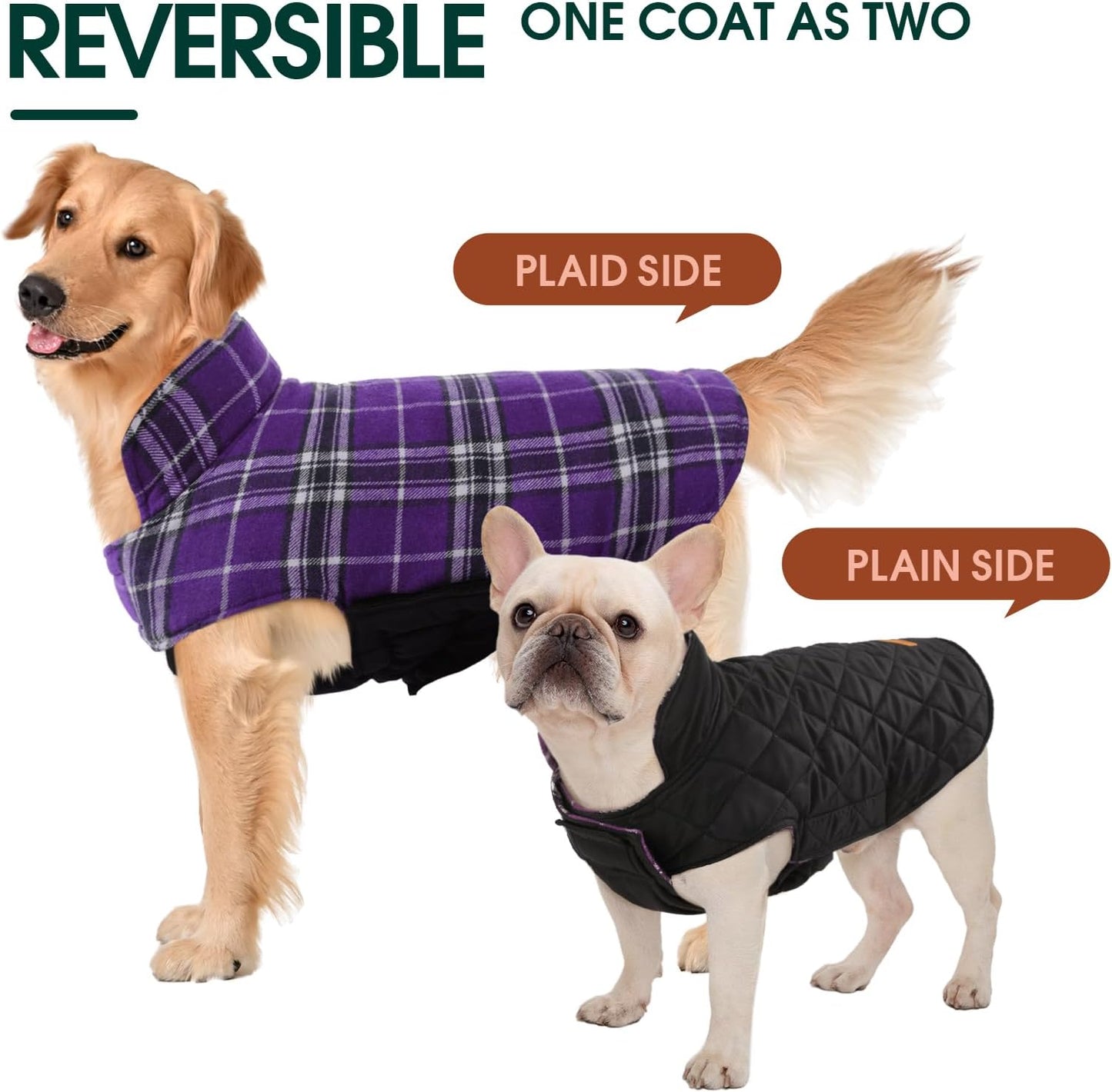 Kuoser Warm Dog Coat, Waterproof Dog Jacket for Extra Large Dogs, Adjustable Durable XL Doggie Winter Coat Reversible Cozy Puppy Cold Weather Apparel from Small to Large Breed, Purple XL