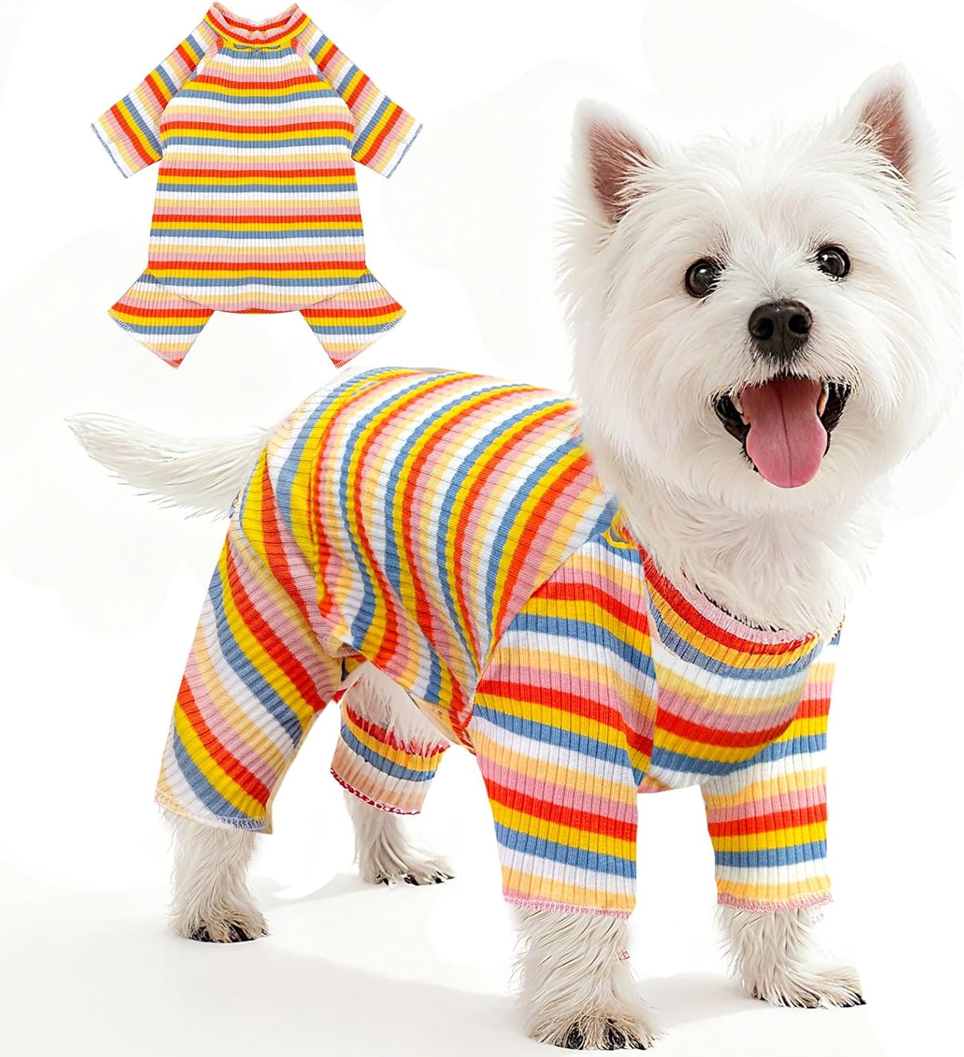 BAEJMJK Striped Dog Pajamas Stretchy Cute Four-Legged Boy Girl Dog Clothes with Sleeves Comfortable Dogs Jumpsuit Colorful Pet Puppy Outfits Apparel for Small Medium Dogs Cats(Yellow,Medium)