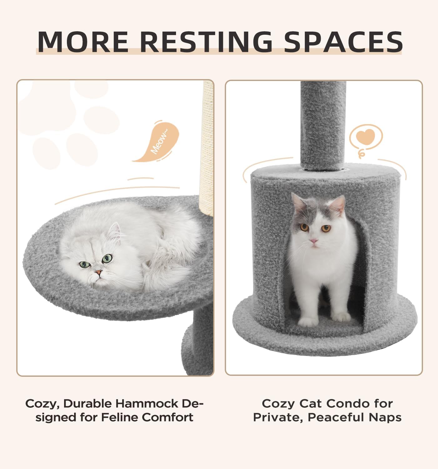 Made4Pets Floor to Ceiling Cat Tree 93-106'',Tall Cat Tower 5 Tiers,Adjustable Height, Stable Cat Tree Tower with Scratching Posts, Fluffy Condo, Hammock and Ball Toy for Indoor Cats/Kitten, Gray