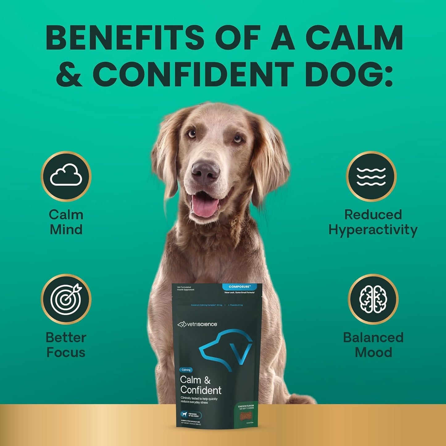 VetriScience Calm & Confident Chews, Composure Clinically Tested Calming Supplement for Dogs, Reduce Stress & Fear, Ideal for Thunderstorms, Fireworks & Travel, Chicken, 120 Count - New Look