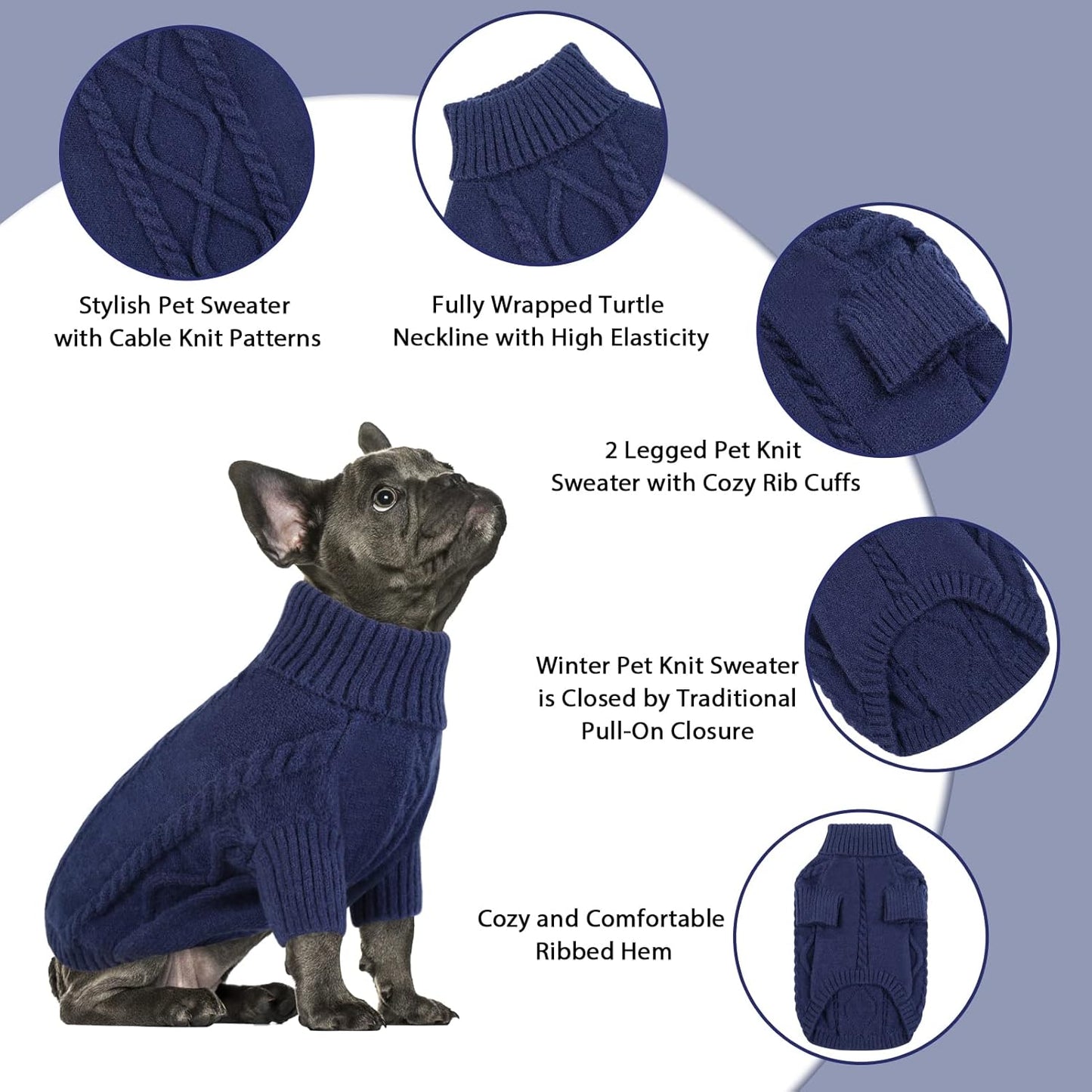 Queenmore Small Dog Pullover Sweater, Cold Weather Cable Knitwear, Classic Turtleneck Thick Warm Clothes for Chihuahua, Bulldog, Dachshund, Pug (Dark Navy, Small)