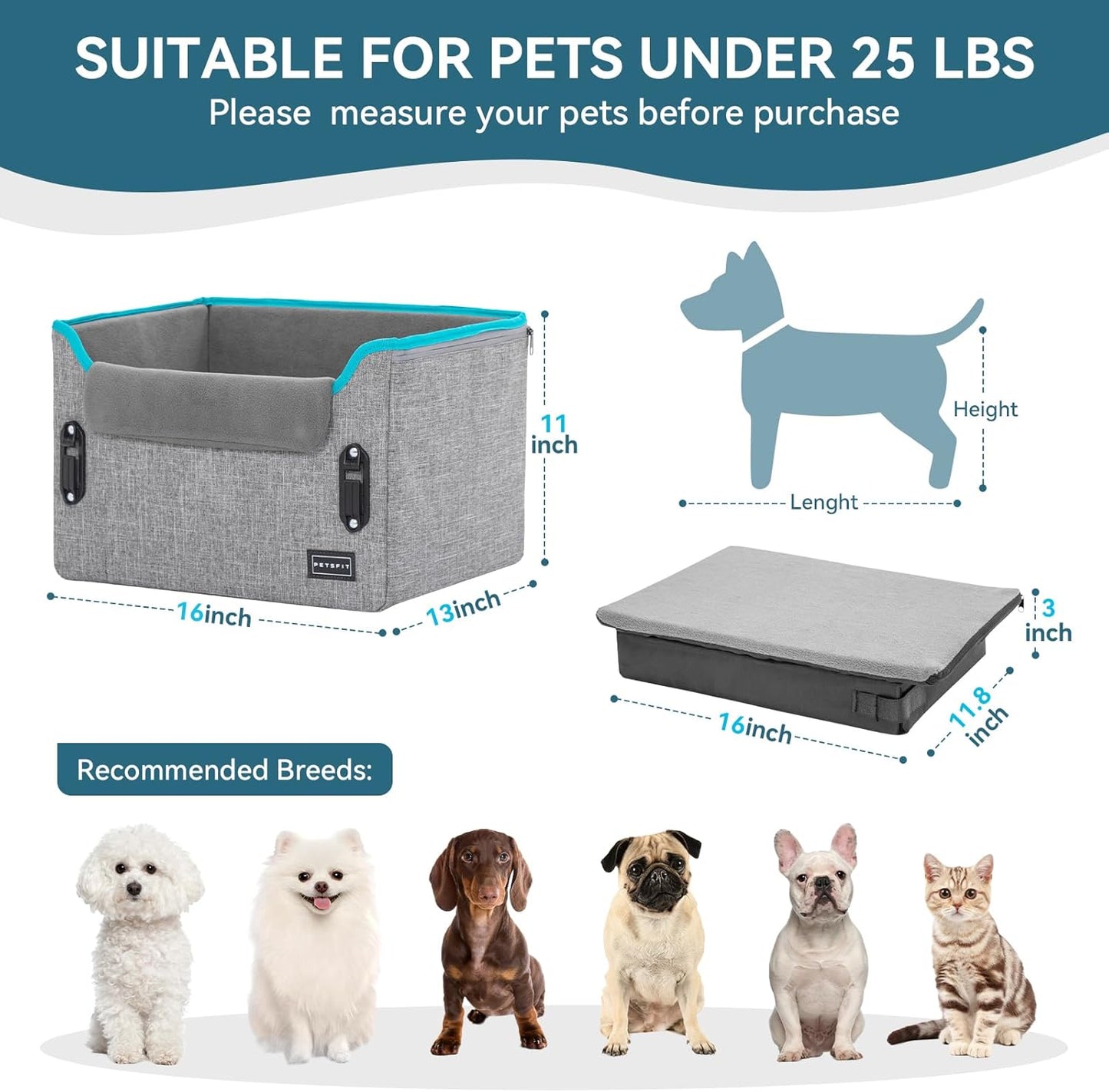 PETSFIT Dog Car Seats for Small Dogs, Patent Safety Buckles Dog Booster Car Seat, Dog Carseat with Safety Belt, Suitable for Small Pets Up to 25lbs (Grey)