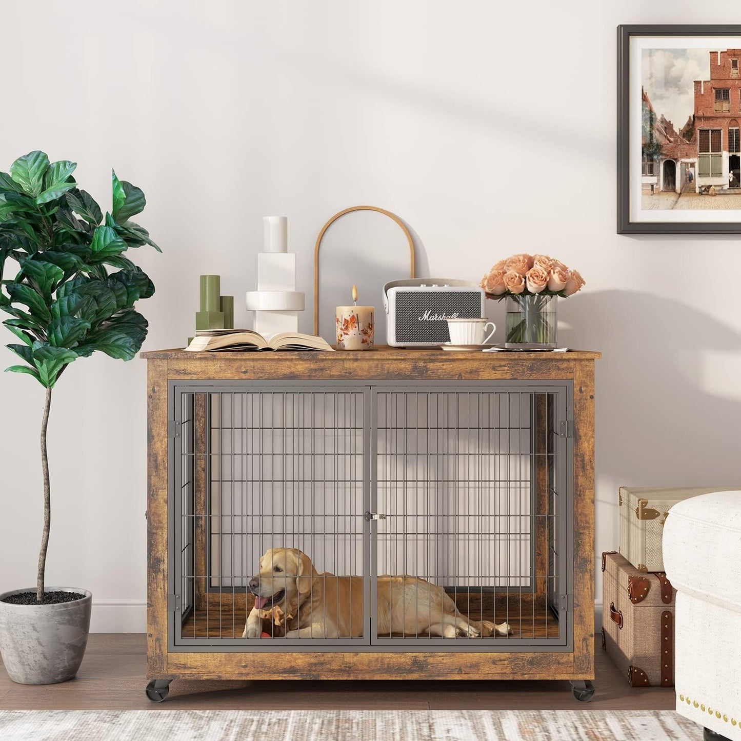 IchbinGo Dog Crate Furniture, Wooden Dog Crate Table, 43.7" Dog Kennel with 3 Doors, Flip-up Top Opening and Wheels, Decorative Pet Crate House for Large/Medium/Small Dog Indoor Use (Rustic Brown)
