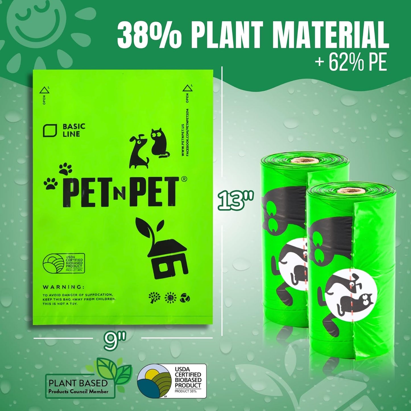 Pet N Pet 540 Counts Green Poop Bags for Dogs, 38% Plant Based & 62% PE Extra Thick Dog Poop Bags Rolls, 9" x 13", Unscented Dog Waste Bag, Pet Supplies for Dogs