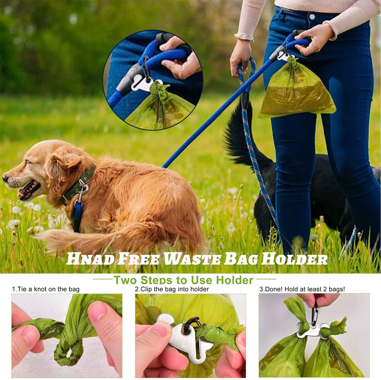 Dog Poop Bag Holder for Leash Attachment - Waste Bag Dispenser for Leash - Fits Any Dog Leash - Portable Set with Hand Free Holder Metal Carrier, Round Shape, Purple