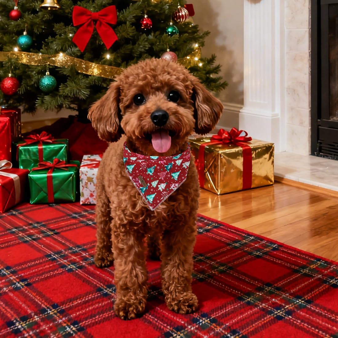 lionet paws Christmas Dog Bandana,Christmas Tree Fabric Dogs Kerchief for Medium Large Dogs,Dog Cotton Red Triangle Bibs Scarf for Girl Boy