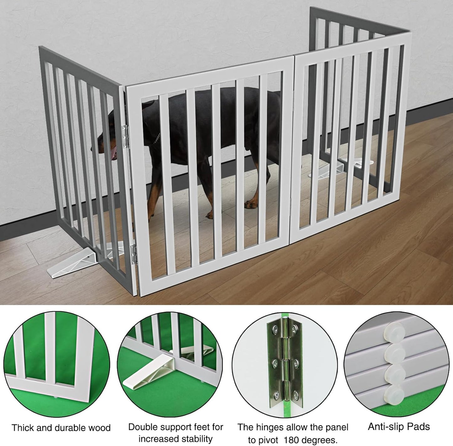 ZJSF Freestanding Indoor Dog Gate for House Foldable Wood Puppy Gate for Doorways Pet Gate for Stairs Extra Wide Pet Fence, Grey, 32" Height 4 Panels